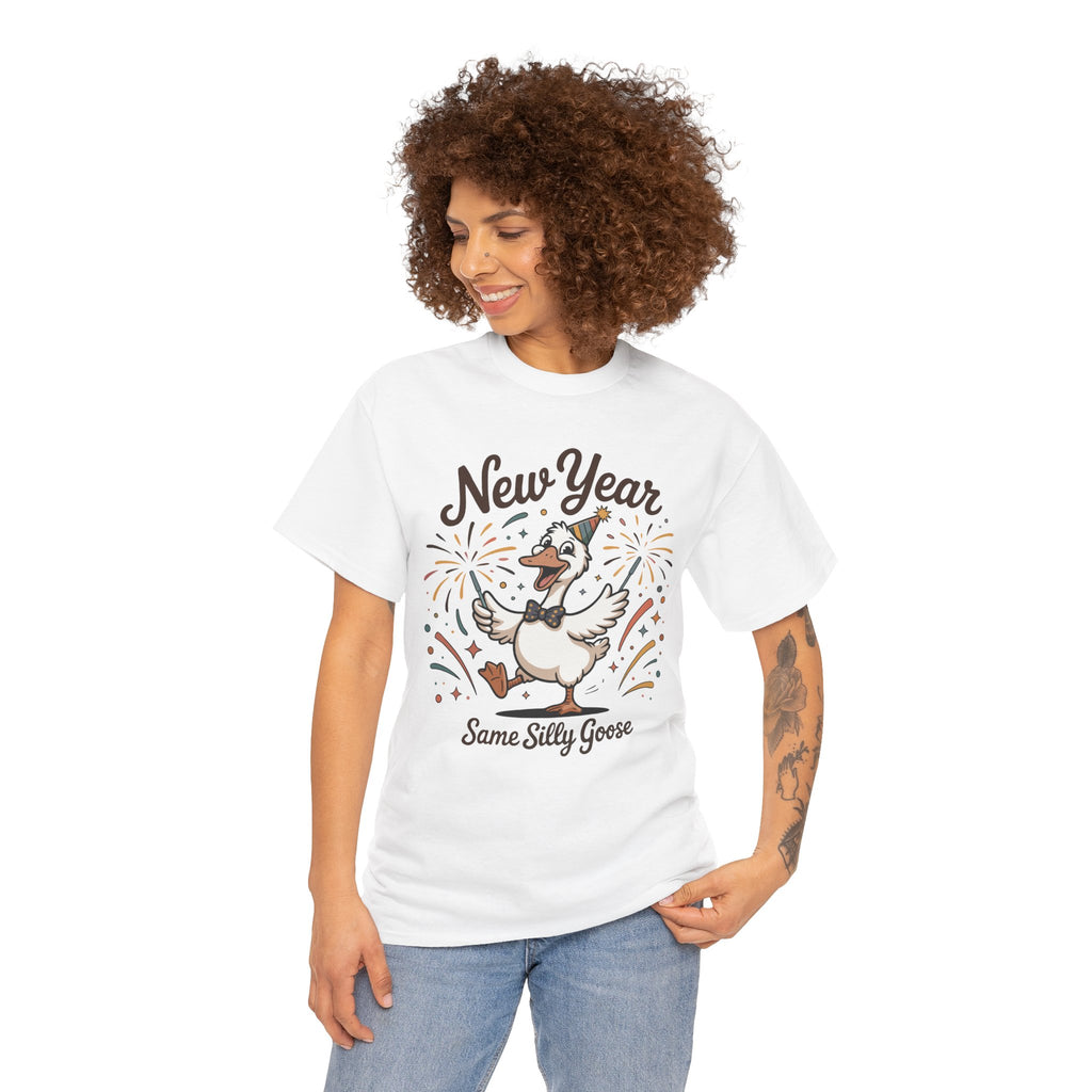 Happy Goose New Year T-Shirt — Party Hat, Fireworks & Confetti Unisex Cotton Tee