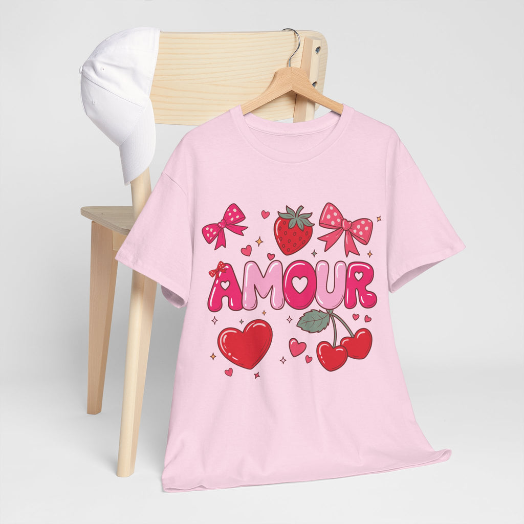 Amour Pink Hearts Tee — Shiny Lettering with Bows, Cherries & Strawberry Accent...Unisex Cotton Tee