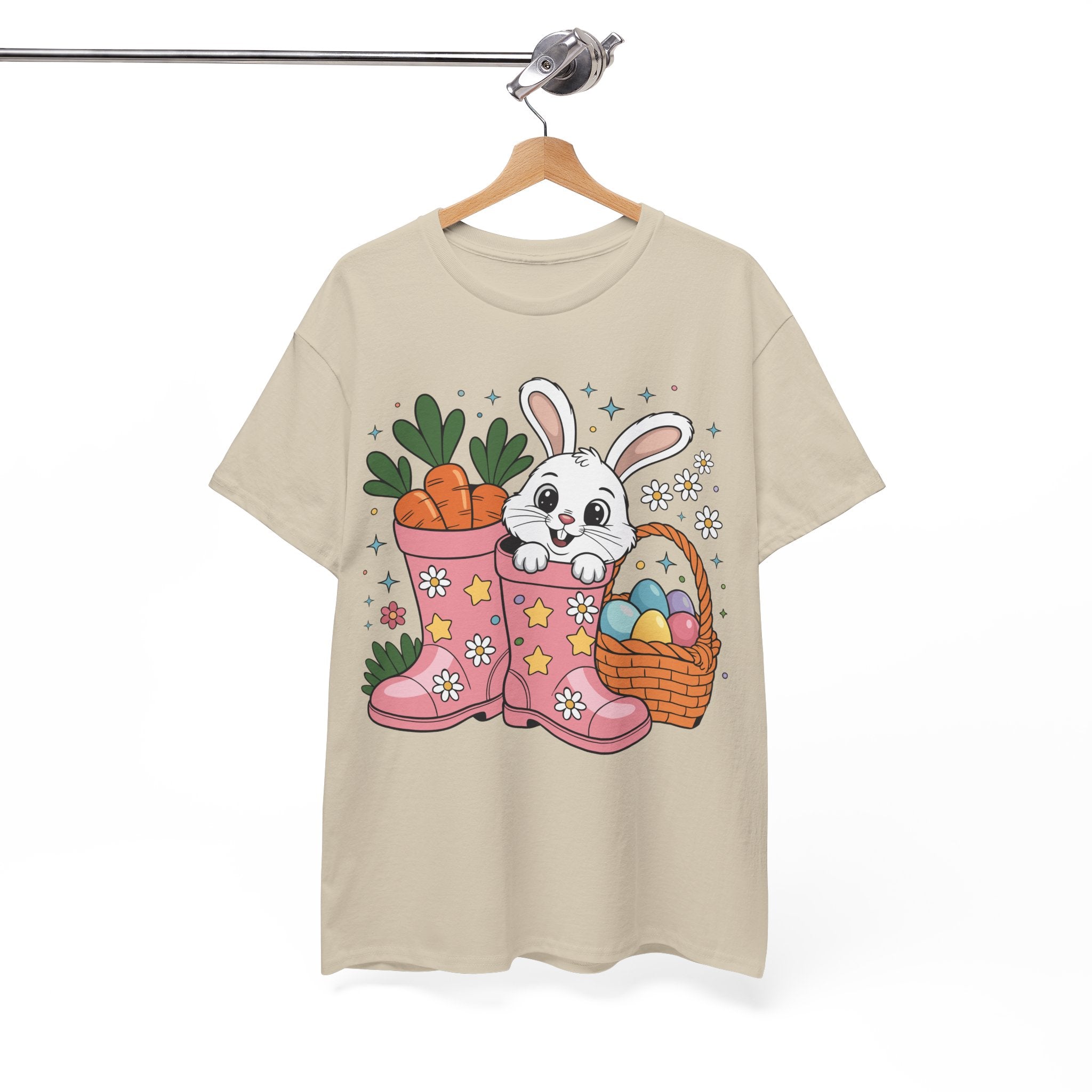Easter Bunny in Pink Rain Boots T-Shirt — Cartoon Bunny, Carrots & Colorful Eggs Unisex Cotton Tee