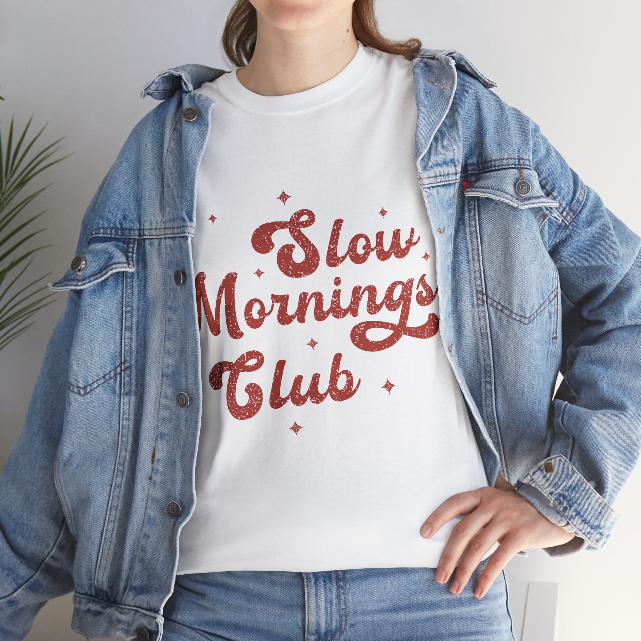 Slow Mornings Club T-Shirt — Retro Red Sparkle Unisex Cotton Tee