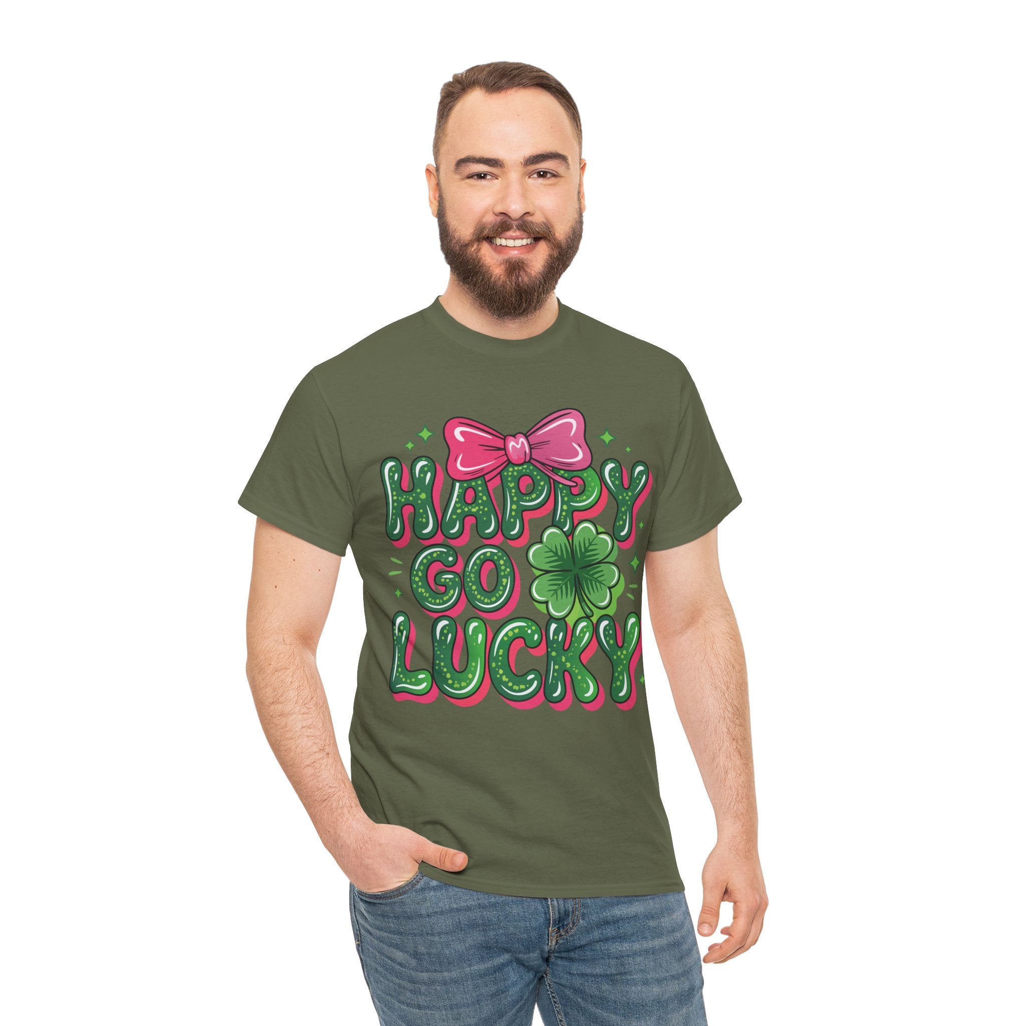 Happy Go Lucky Four-Leaf Clover Tee — Glossy Green Letters & Pink Bow Unisex Cotton Tee