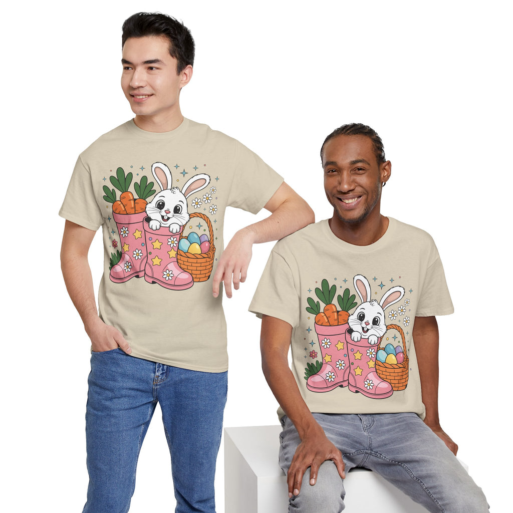Easter Bunny in Pink Rain Boots T-Shirt — Cartoon Bunny, Carrots & Colorful Eggs Unisex Cotton Tee