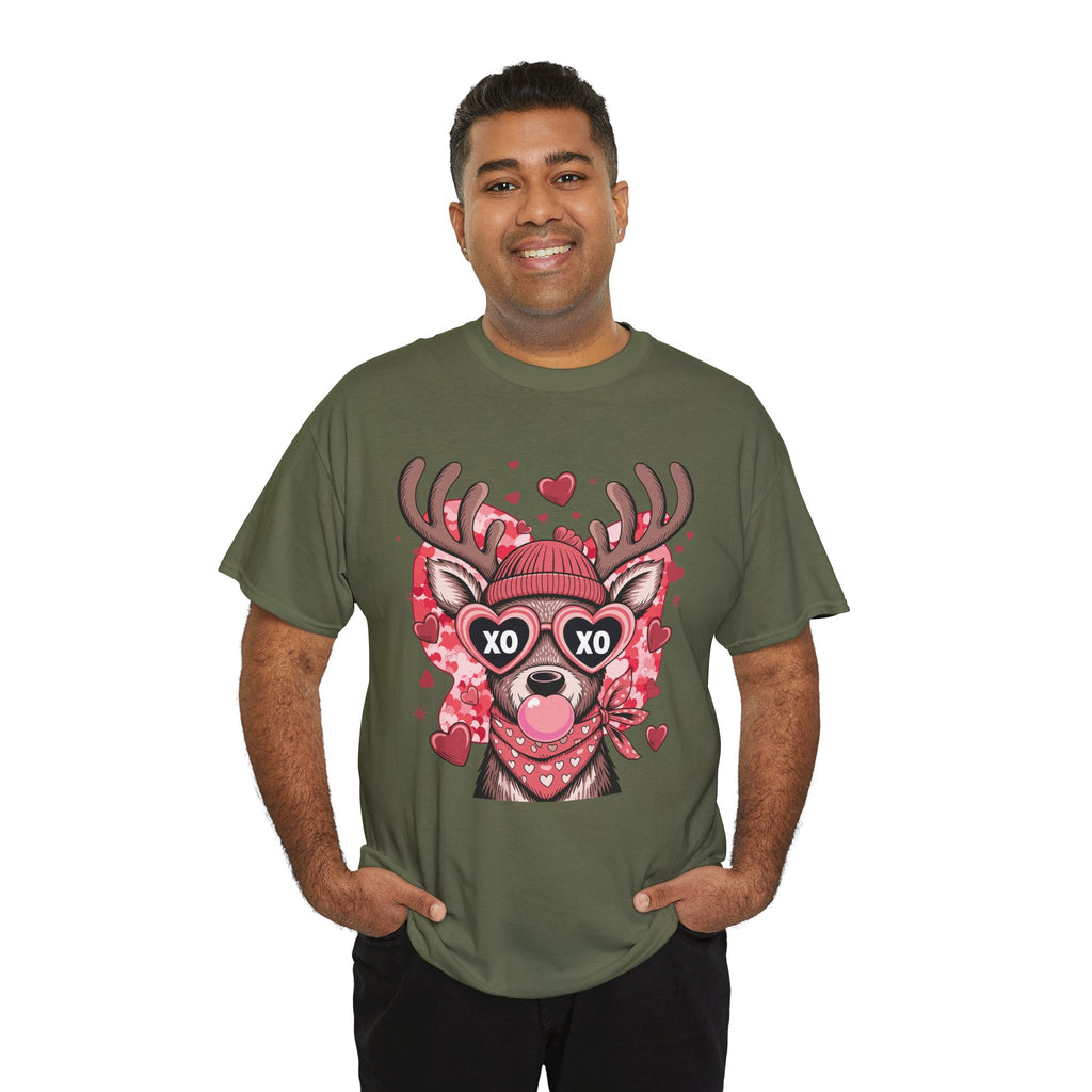 Valentine Deer Tee — Cute XO Heart Glasses, Beanie & Scarf Unisex Cotton Tshirt