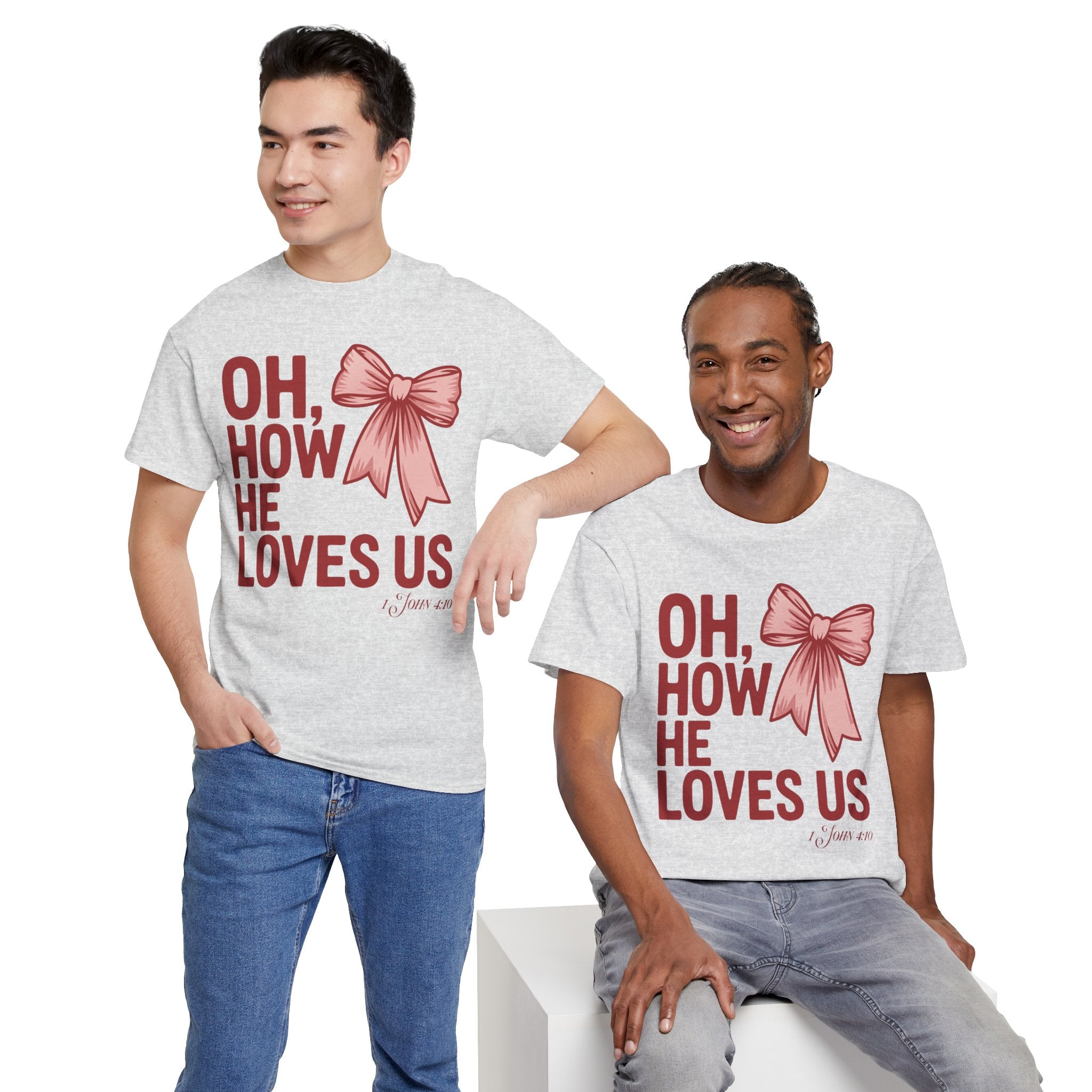 Oh, How He Loves Us Christian Valentine Tee — 1 John 4:10 Red & Pink Unisex Cotton Tee