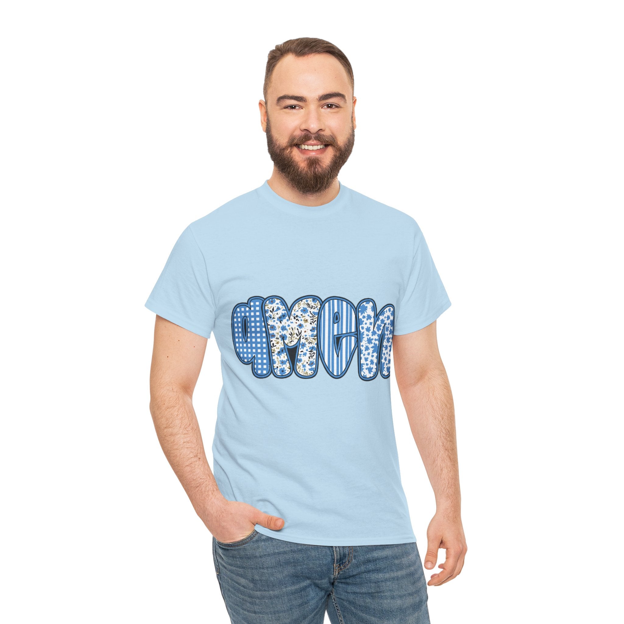 Amen Blue Floral Tee — Decorative Floral Lettering Christian Shirt Unisex Cotton Tee