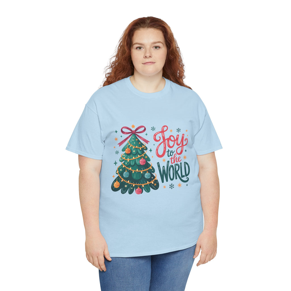 Joy to the World Christmas Tee — Festive Tree with Pink Bow..Unisex Cotton Tee