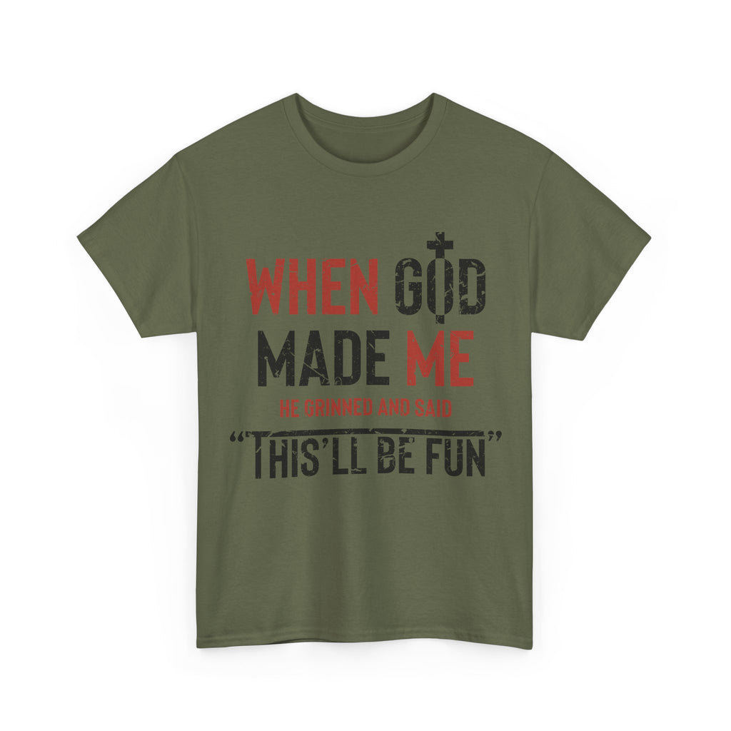 Humorous Grunge Quote Tee — "When He Saw Me, He Grinned and Said"Unisec Cotton Tee