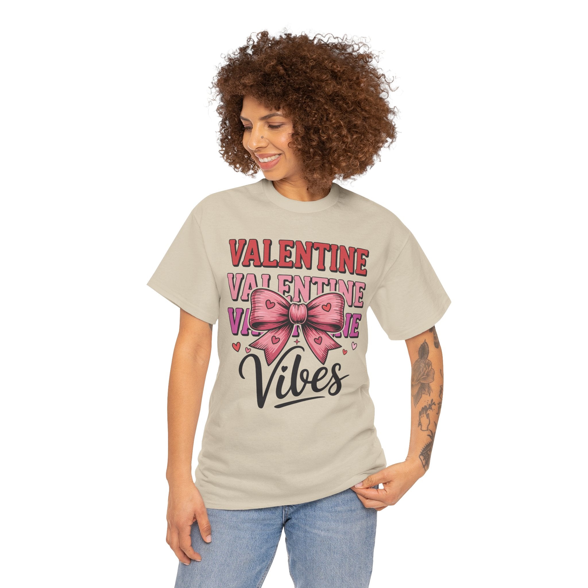 Valentine Vibes T-Shirt — Pink Bow Heart Graphic Unisex Cotton Tee