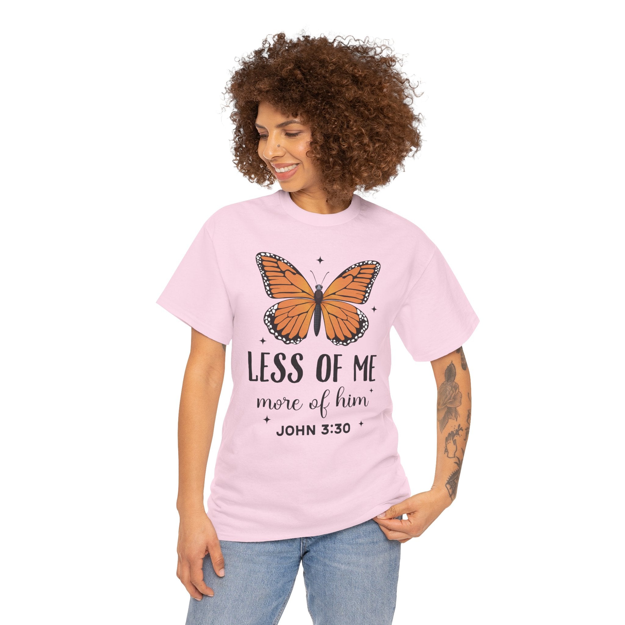 Monarch Butterfly Tee — "Less of Me, More of Him" Christian Unisex cotton T‑Shirt