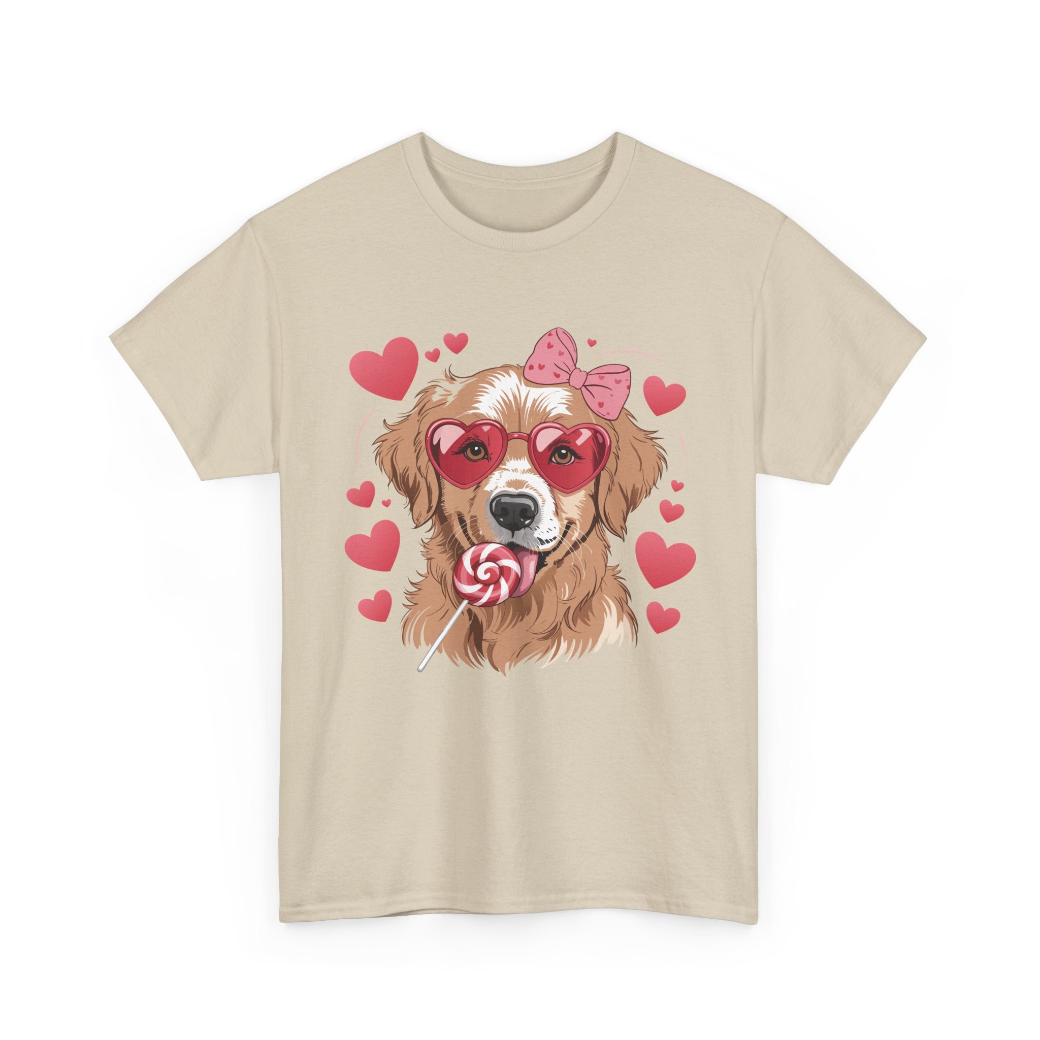 Valentine Dog T-Shirt — Cute Pup with Heart Glasses, Pink Bow & Lollipop..Unisex Cotton Tee