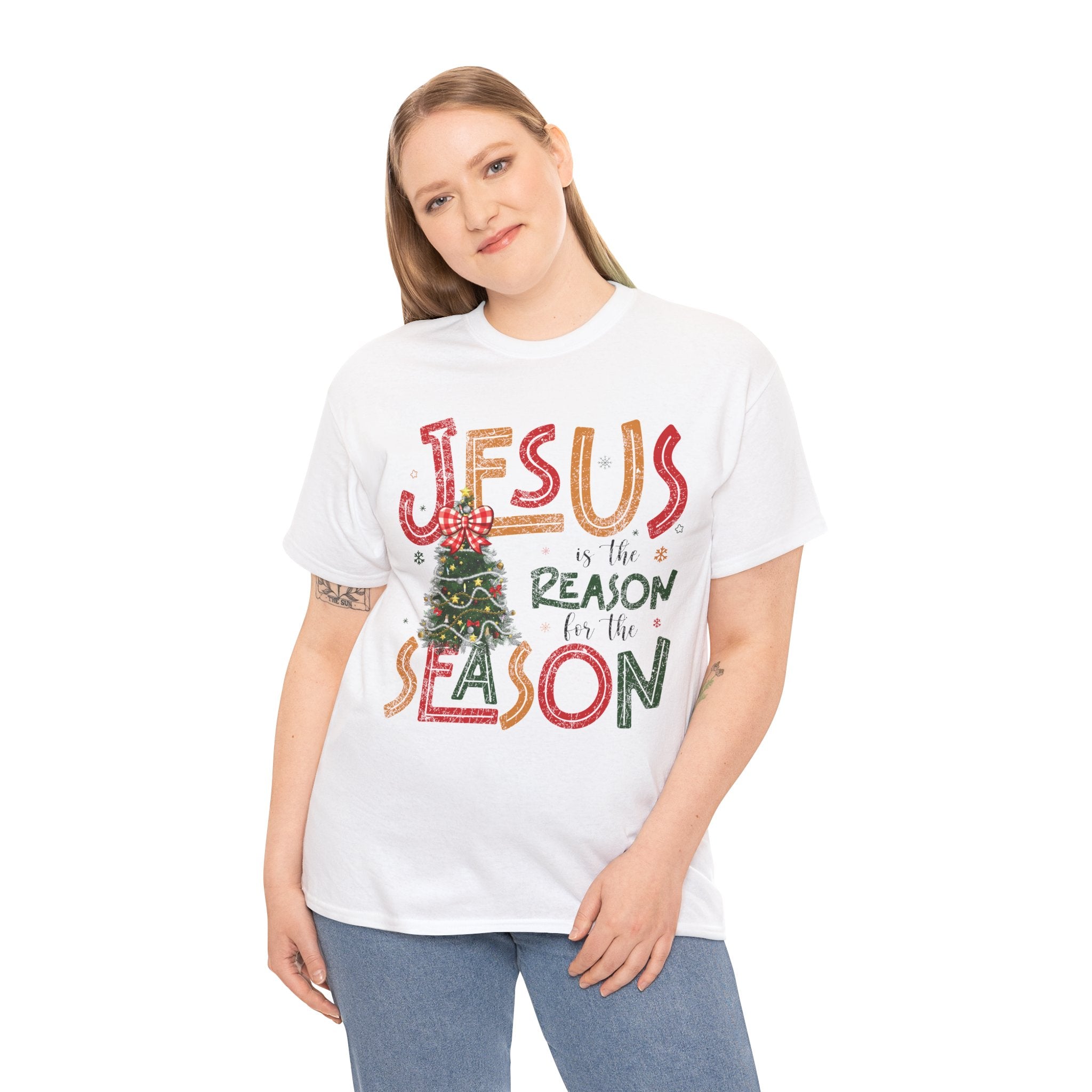 Jesus Is the Reason for the Season Christmas T-Shirt — Plaid Bow Tree..Unisex Cotton Tee