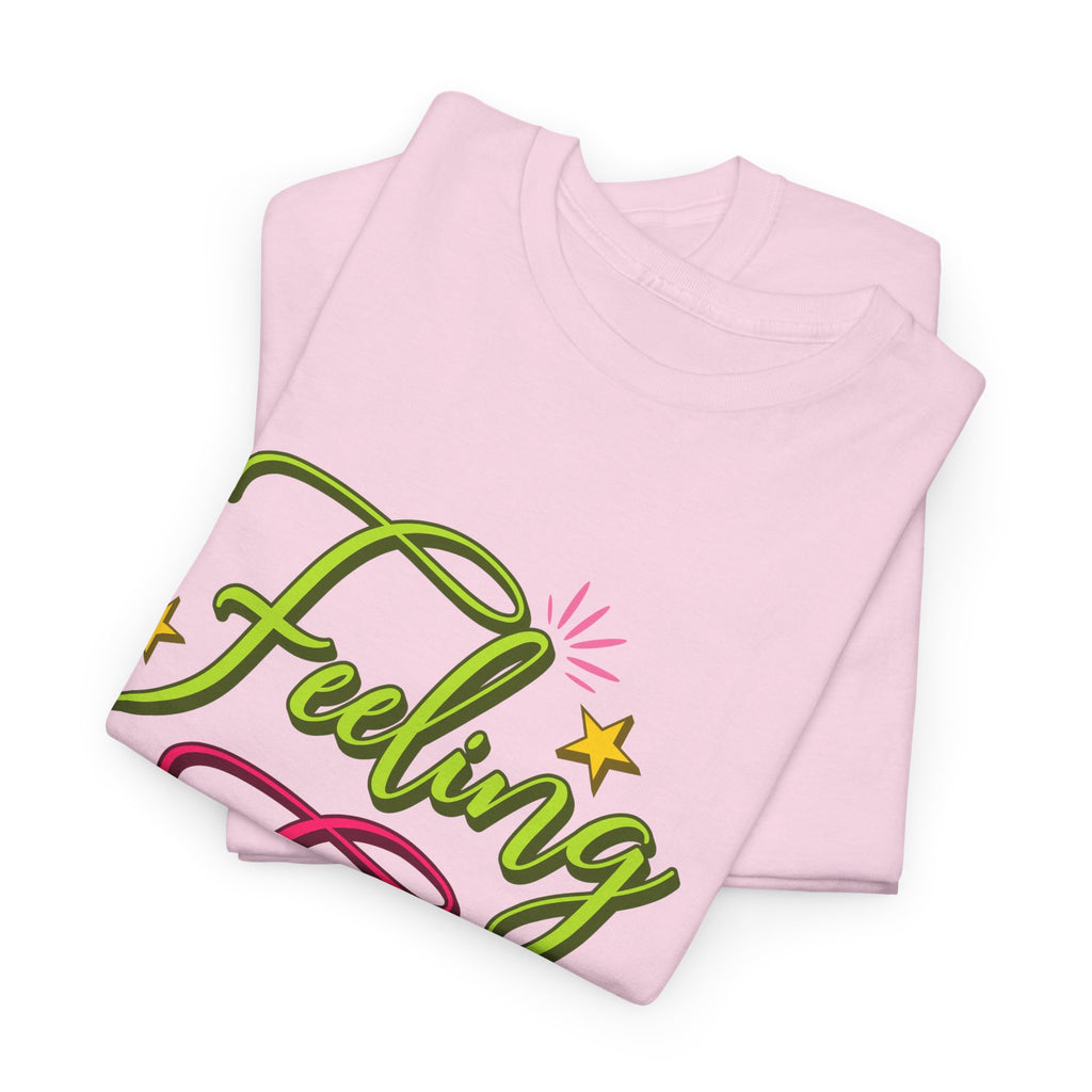 Feeling Frosty Holiday T-Shirt — Green & Pink Script Stars.Unisex Cotton Tee