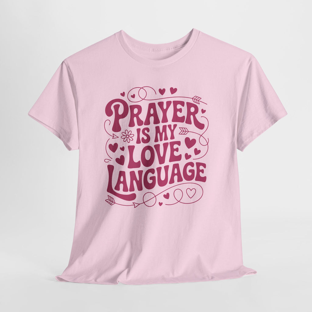 Prayer Is My Love Language Christian Tee — Pastel Pink Hearts Unisex Cotton Tee