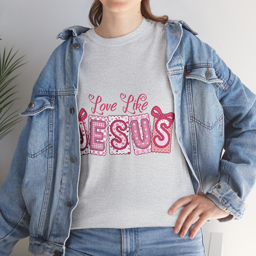 Love Like Jesus Patchwork Tee — Pink Stitched Heart Graphic.Unisex Cotton Tee