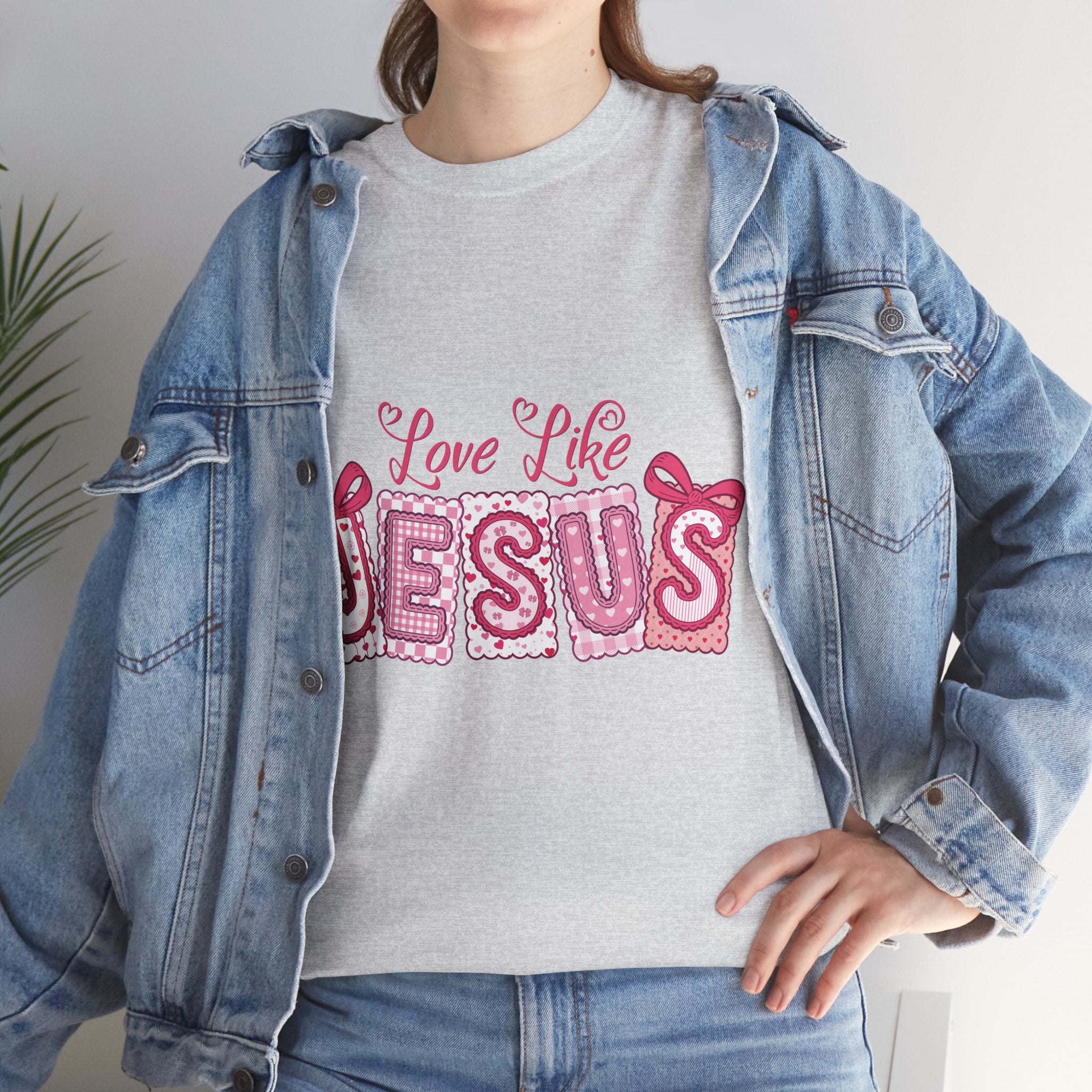 Love Like Jesus Patchwork Tee — Pink Stitched Heart Graphic.Unisex Cotton Tee