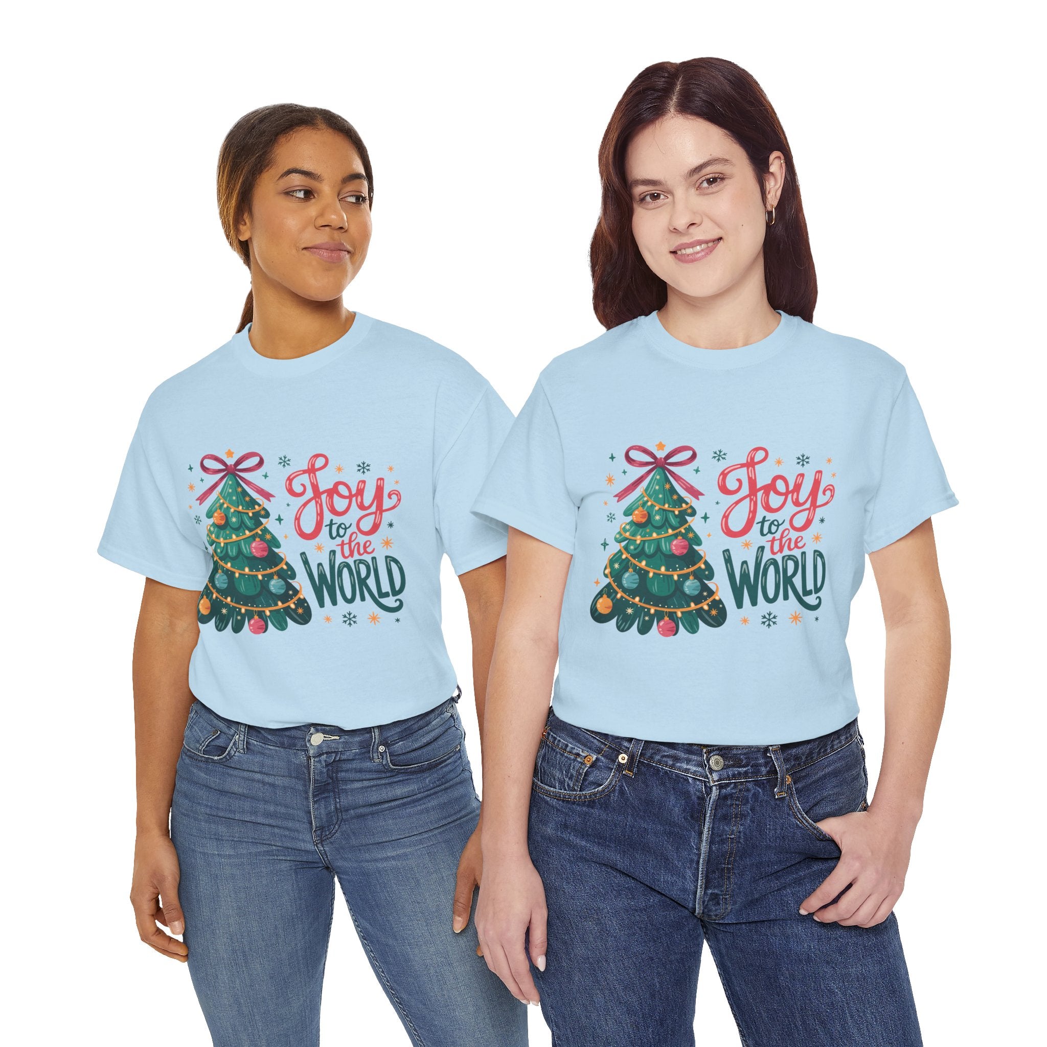 Joy to the World Christmas Tee — Festive Tree with Pink Bow..Unisex Cotton Tee