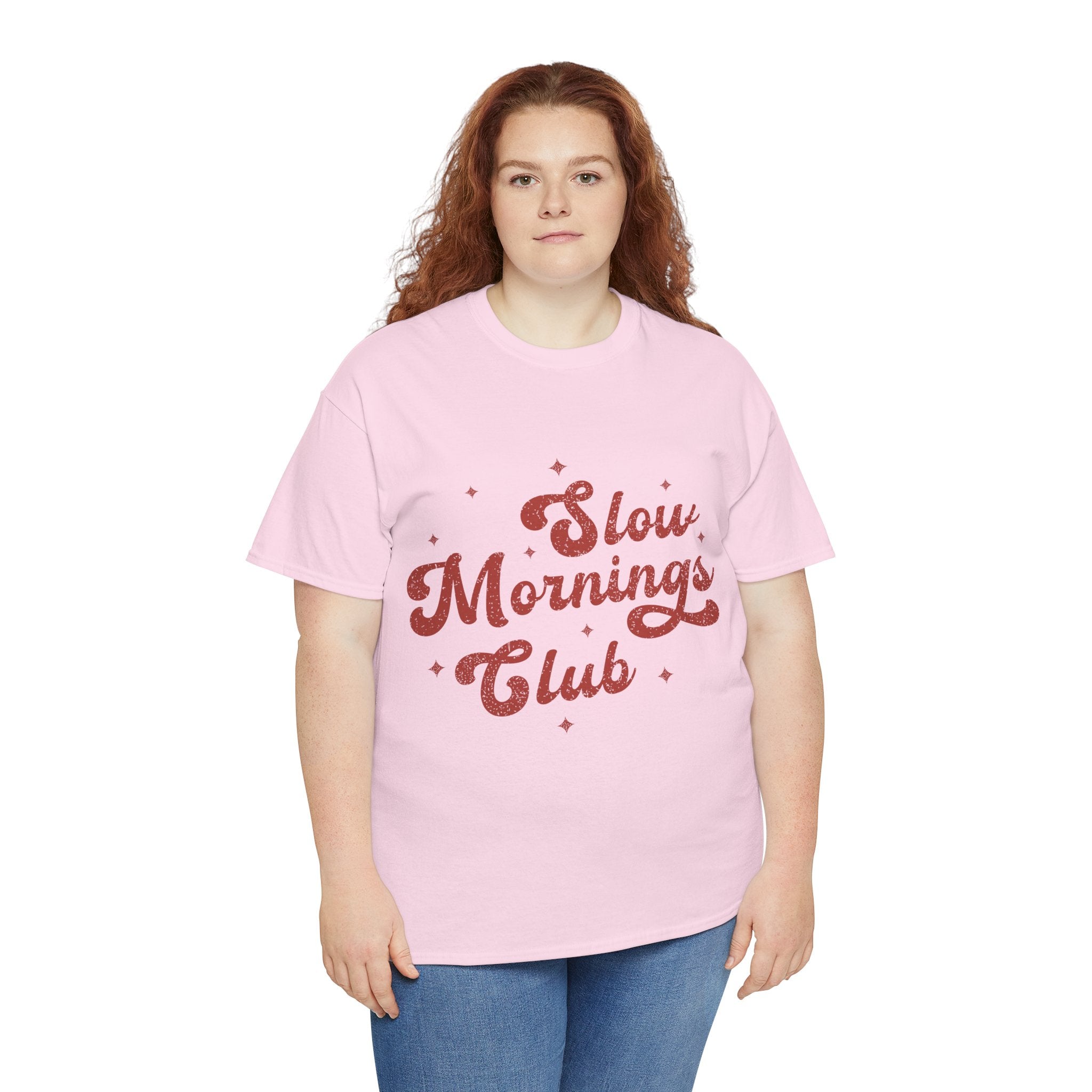 Slow Mornings Club T-Shirt — Retro Red Sparkle Unisex Cotton Tee