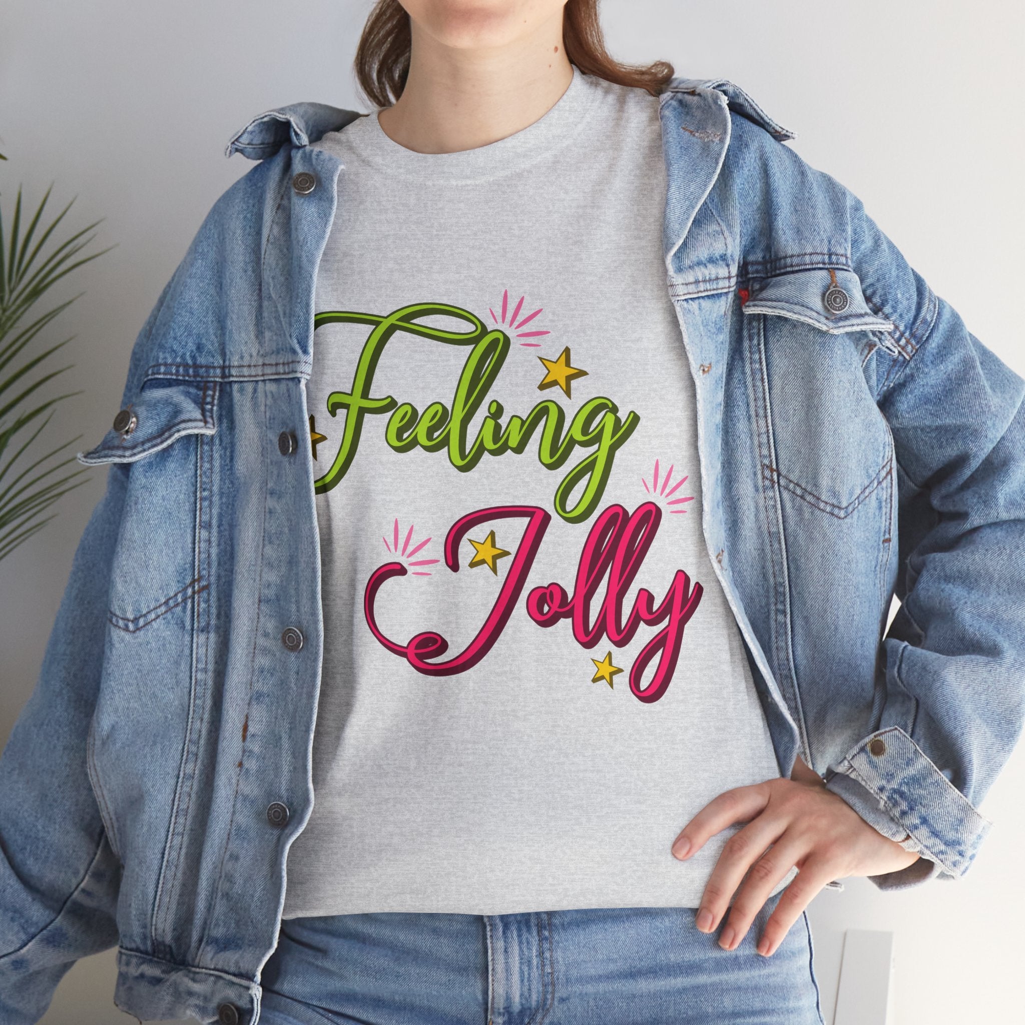 Feeling Jolly Tee — Festive Green & Pink Script with Yellow Stars Unisex Cotton Tee
