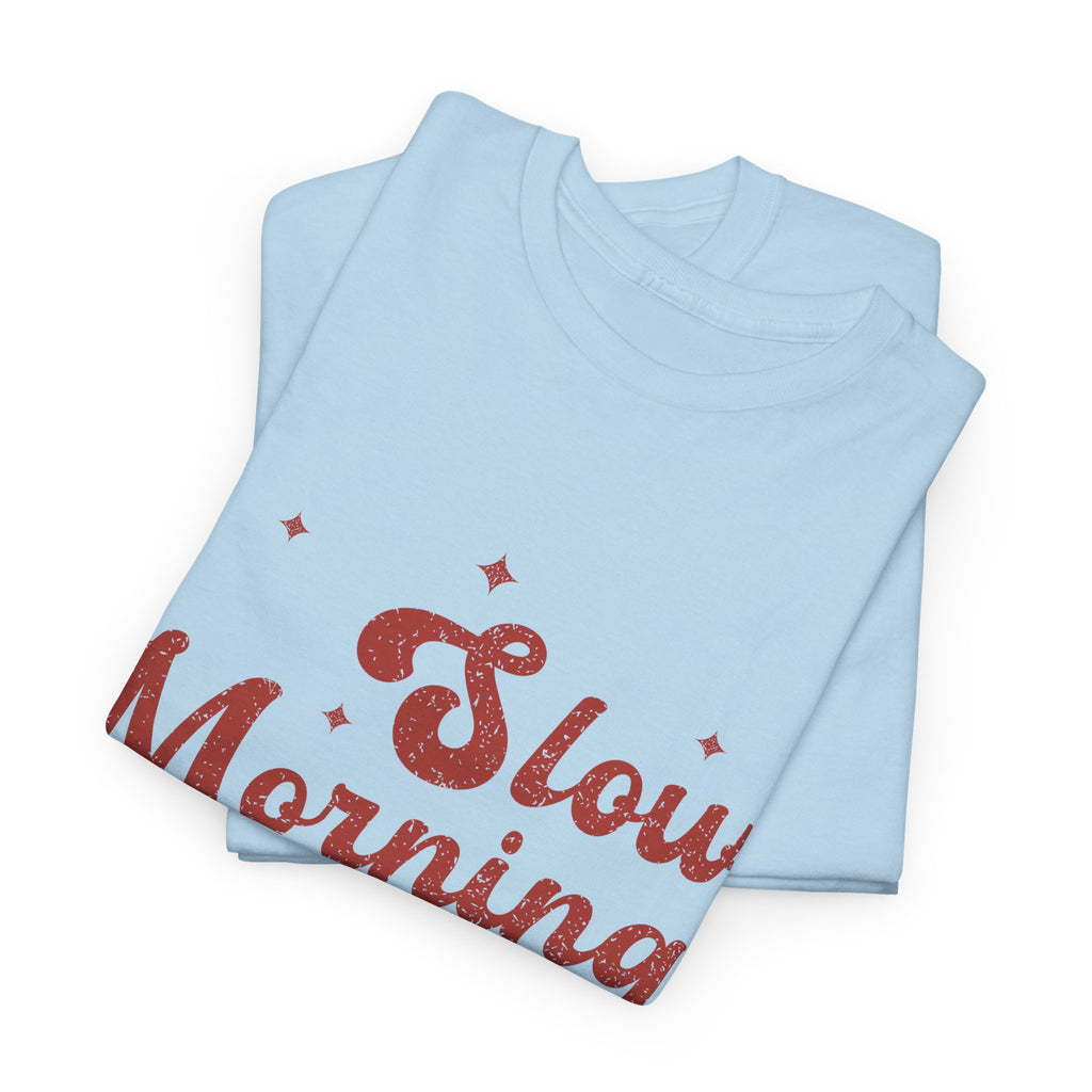 Slow Mornings Club T-Shirt — Retro Red Sparkle Unisex Cotton Tee