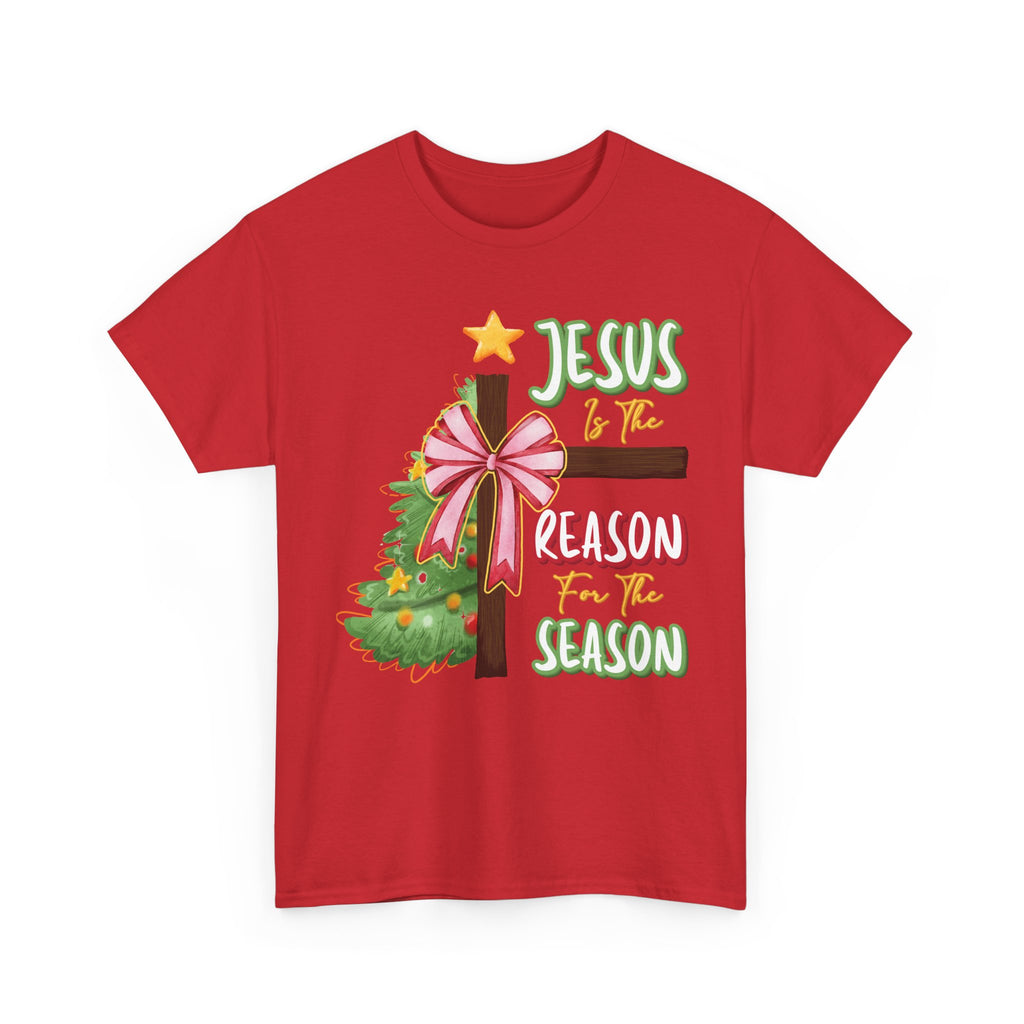 Jesus Is the Reason for the Season Christmas Tee — Cross with Pink Bow & Tree. Unisex Cotton Tee