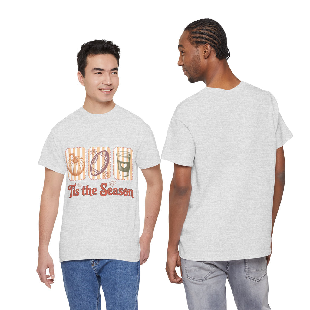 Tis the Season Pumpkin, Football & Coffee Fall Unisex Cotton T-Shirt