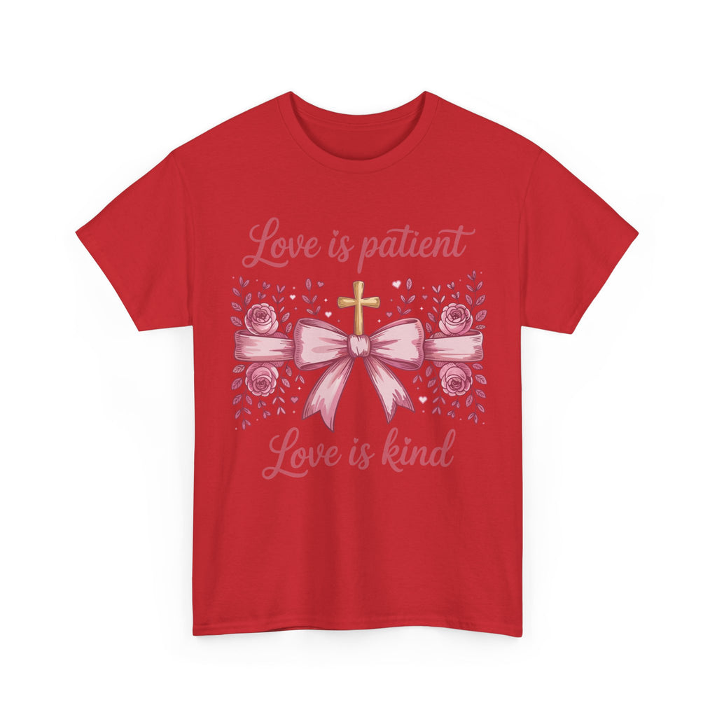 Christian Floral Tee — "Love is Patient, Love is Kind" Pink Rose Cross. Unisex Cotton Tee