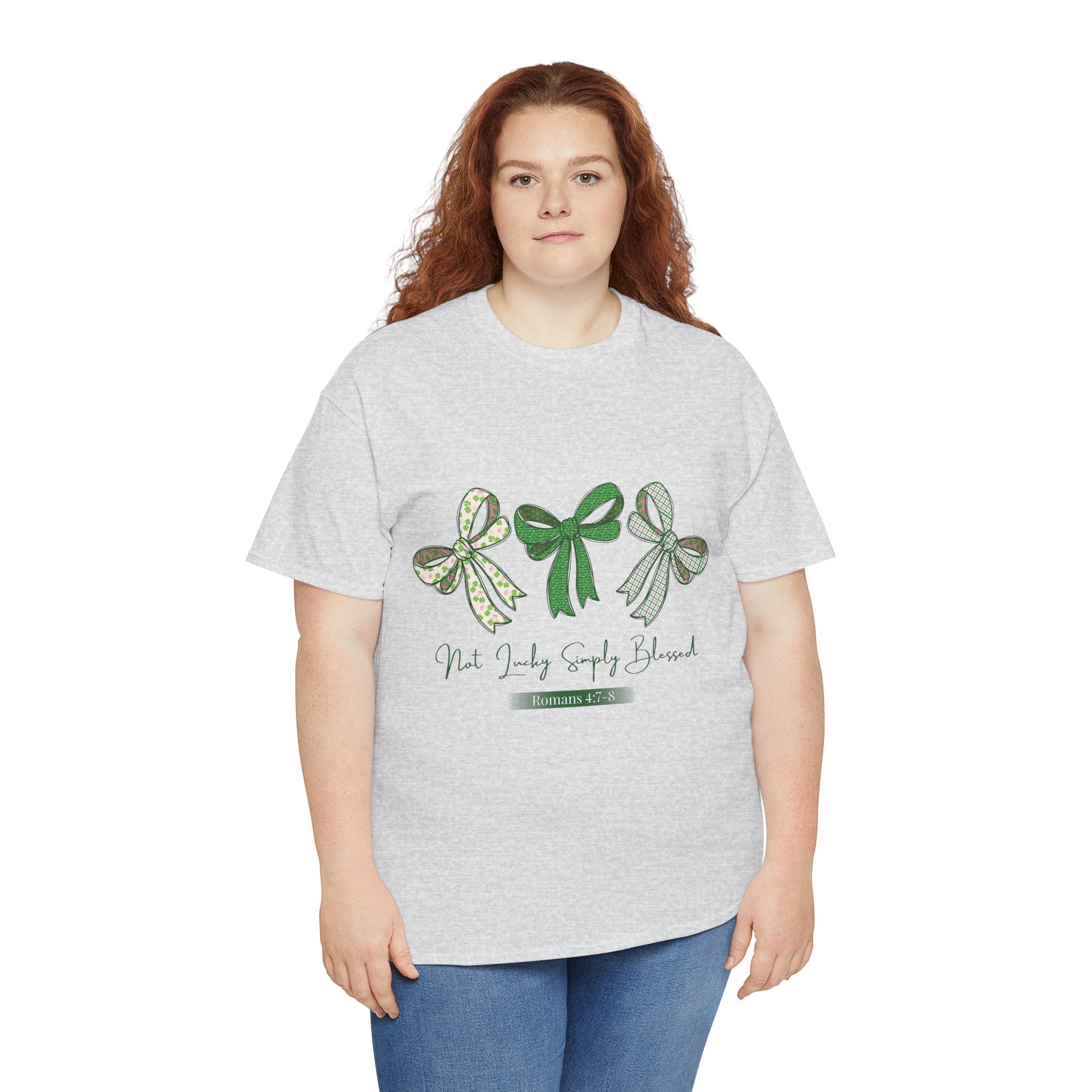 Not Lucky Simply Blessed Tee — Romans 4:7-8 Green Bow Christian Unisex Cotton T-Shirt
