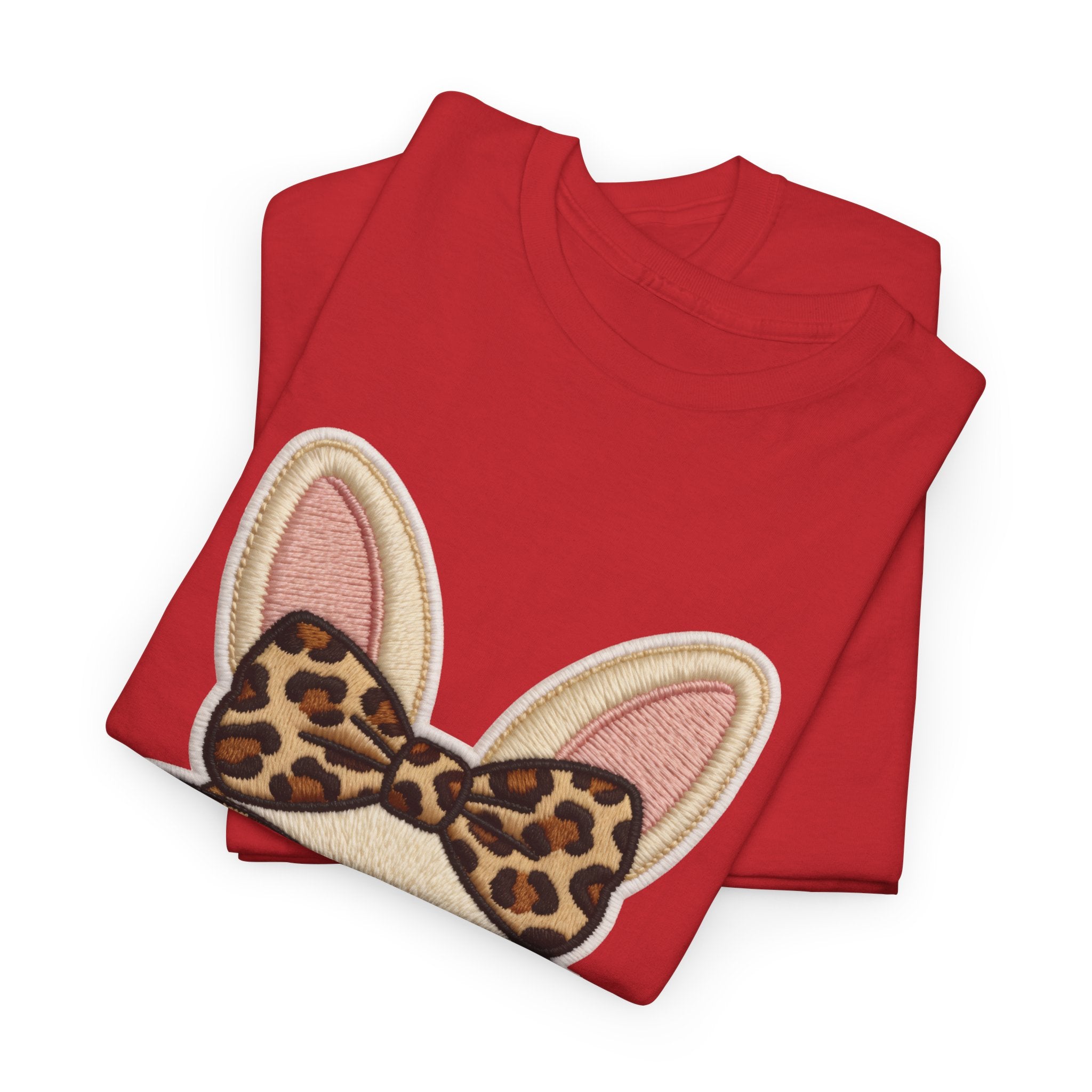 Leopard Bow Bunny Embroidered Tee — Cute Bunny Face with Glasses Patch Unisex Cotton Tee