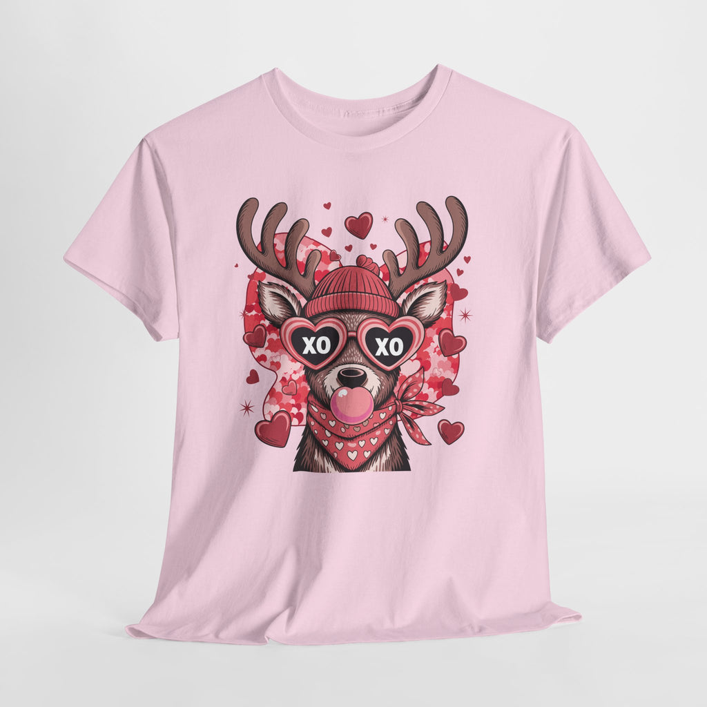 Valentine Deer Tee — Cute XO Heart Glasses, Beanie & Scarf Unisex Cotton Tshirt