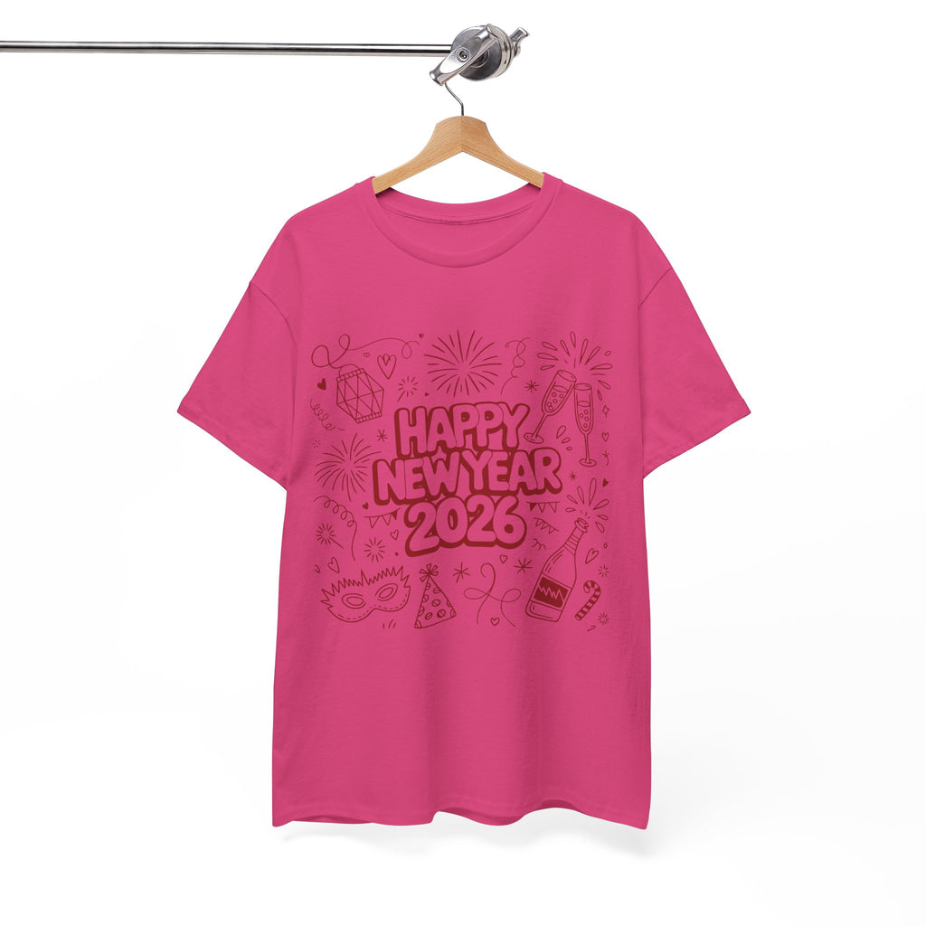 Happy New Year 2026 Doodle T-Shirt — Pink Party Icons & Champagne Unisex Cotton Tee