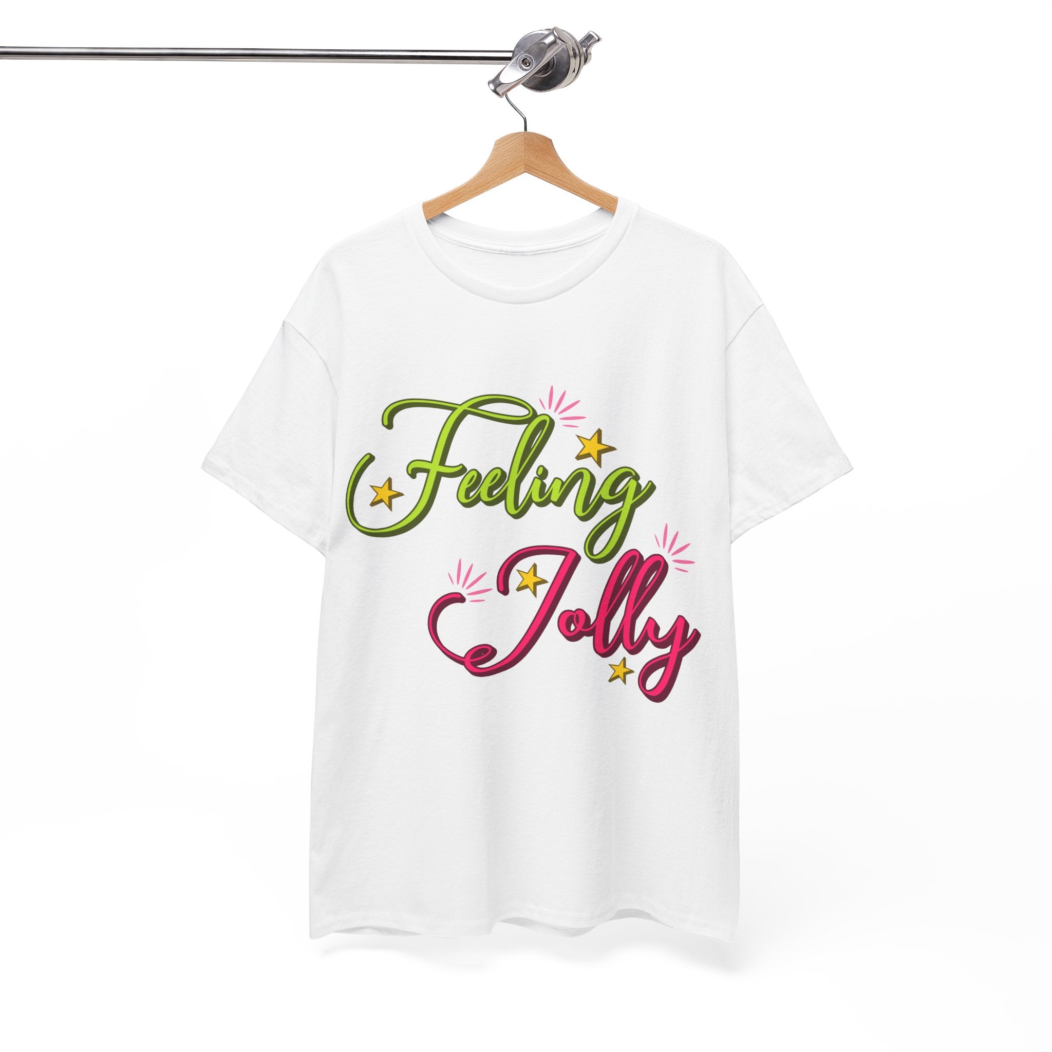 Feeling Jolly Tee — Festive Green & Pink Script with Yellow Stars Unisex Cotton Tee
