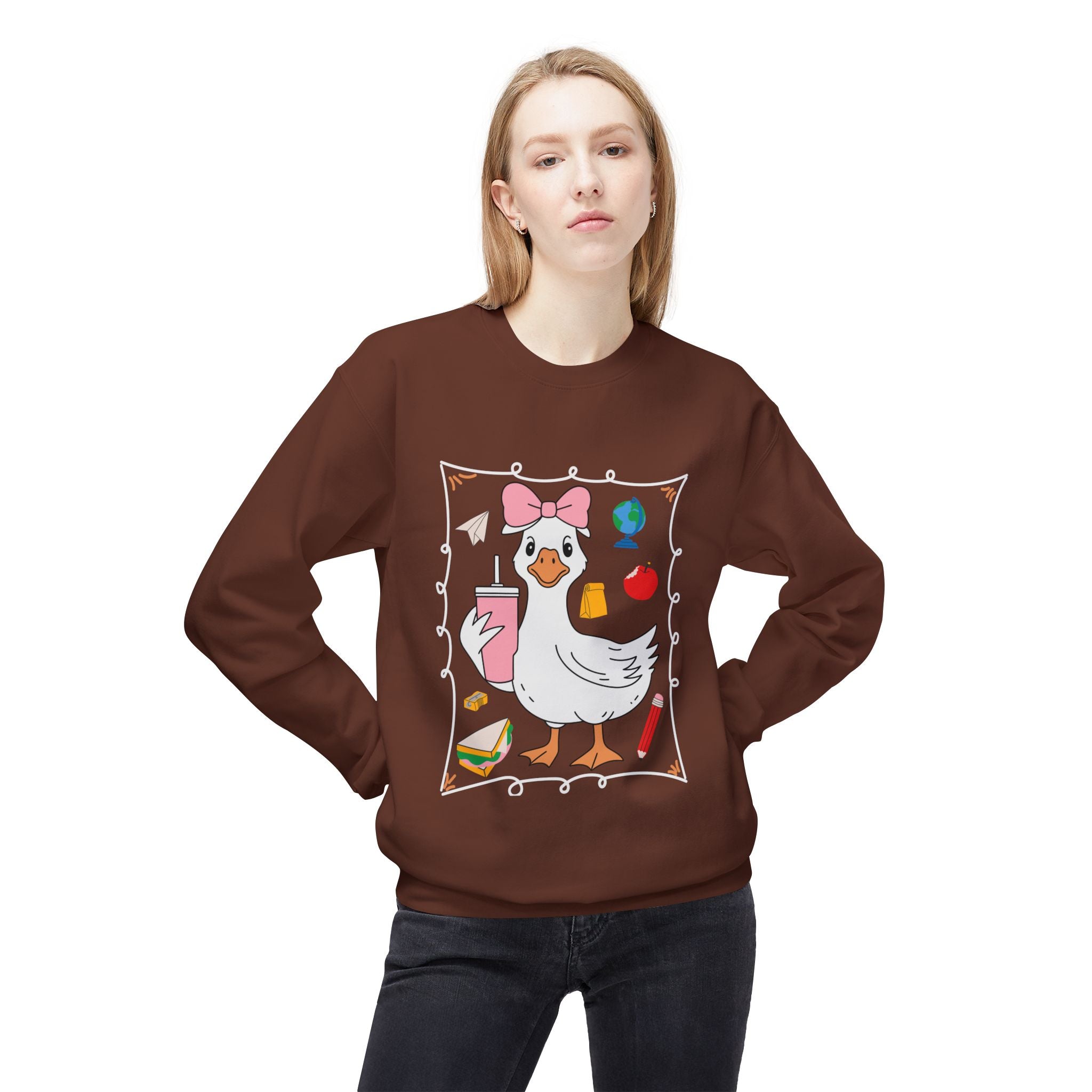 Cute Goose Drinking Fleece Crewneck Sweatshirt- Unisex