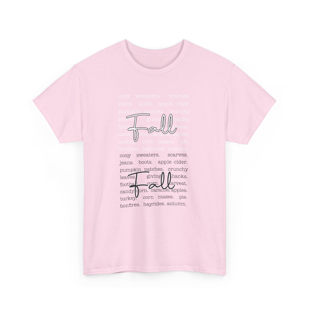 Fall Cursive Typography T-Shirt — Sweaters, Cider & Pumpkins. Unisex Cotton Tee