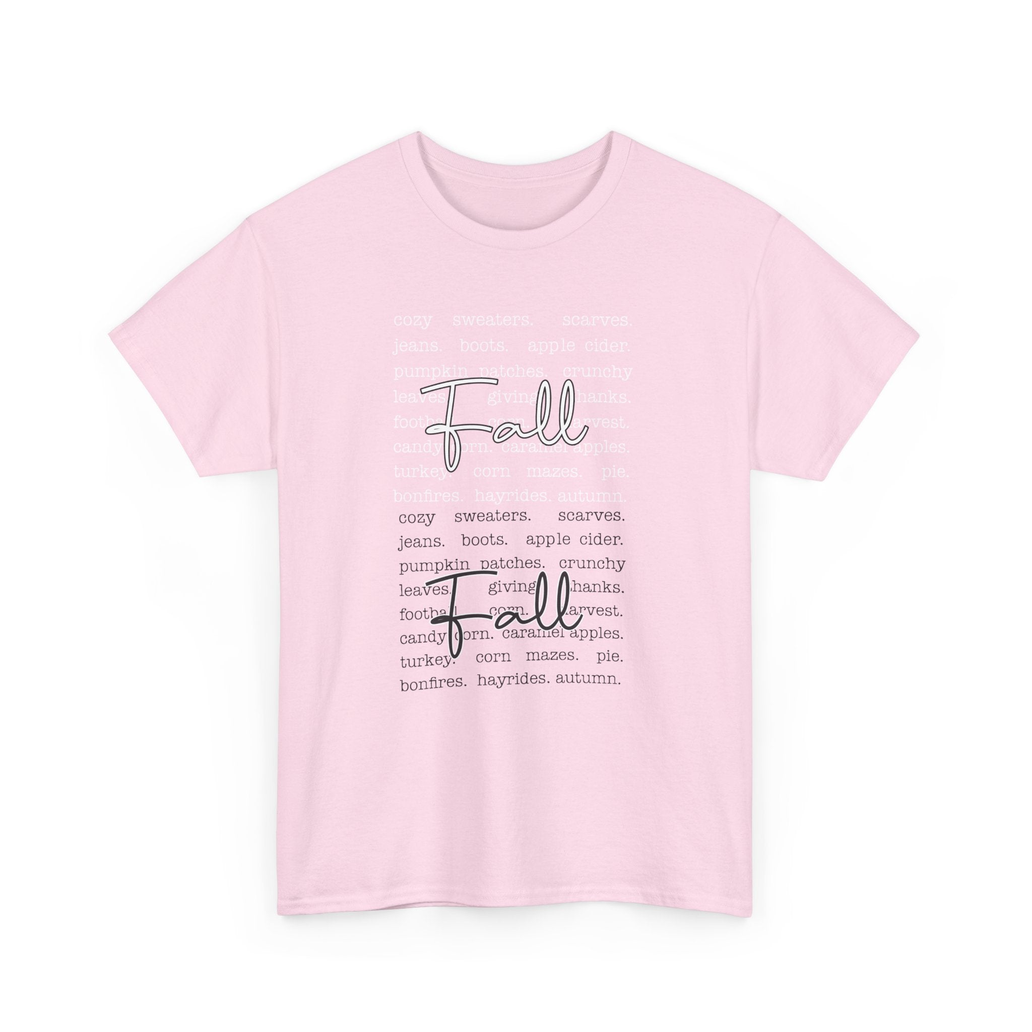Fall Cursive Typography T-Shirt — Sweaters, Cider & Pumpkins. Unisex Cotton Tee