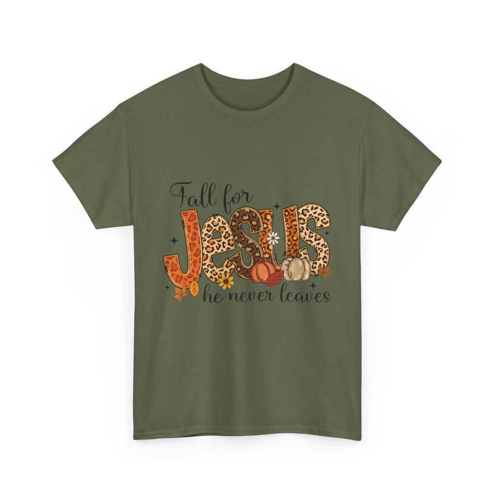 JESUS Leopard Print Fall T-Shirt — Pumpkins, Leaves & Floral Christian Unisex Cotton Tee