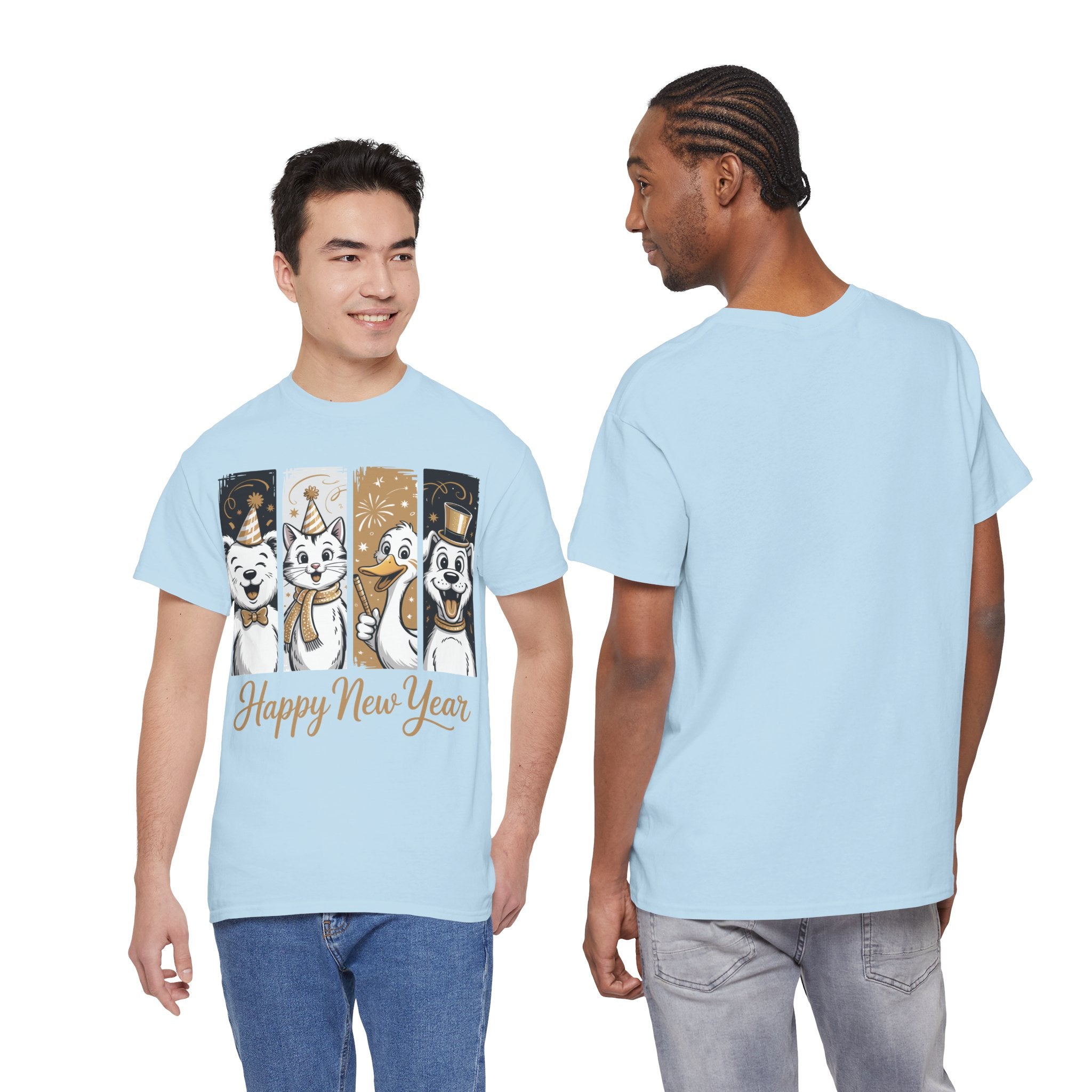 Happy New Year Party Animals T-Shirt — Cute Smiling Animals in Party Hats & Gold Fireworks..Unisex Cotton Tee