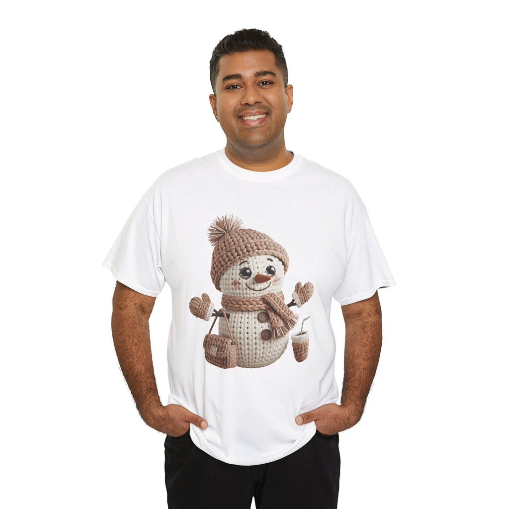 Snowman Knit‑Style Graphic Tee — Cute Faux‑Yarn Snowman with Hat, Scarf & Mittens.Unisex Cotton Tee