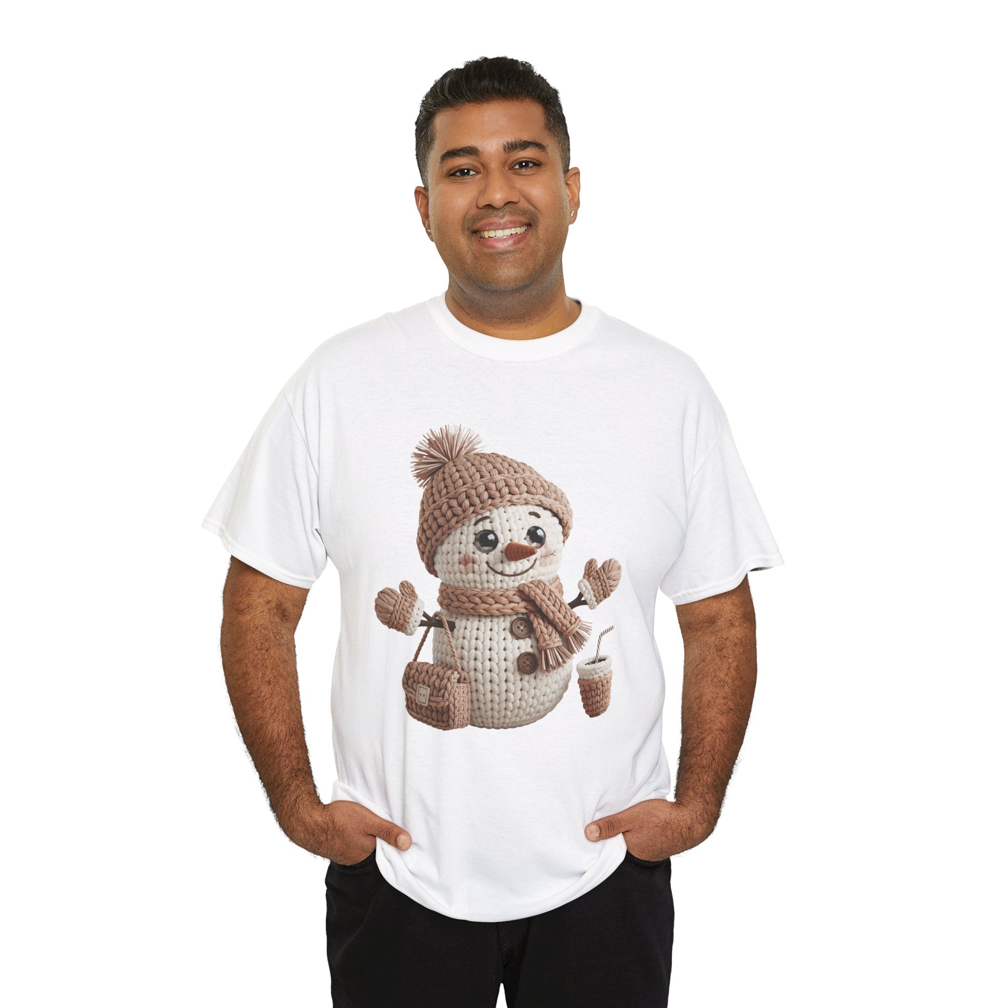 Snowman Knit‑Style Graphic Tee — Cute Faux‑Yarn Snowman with Hat, Scarf & Mittens.Unisex Cotton Tee