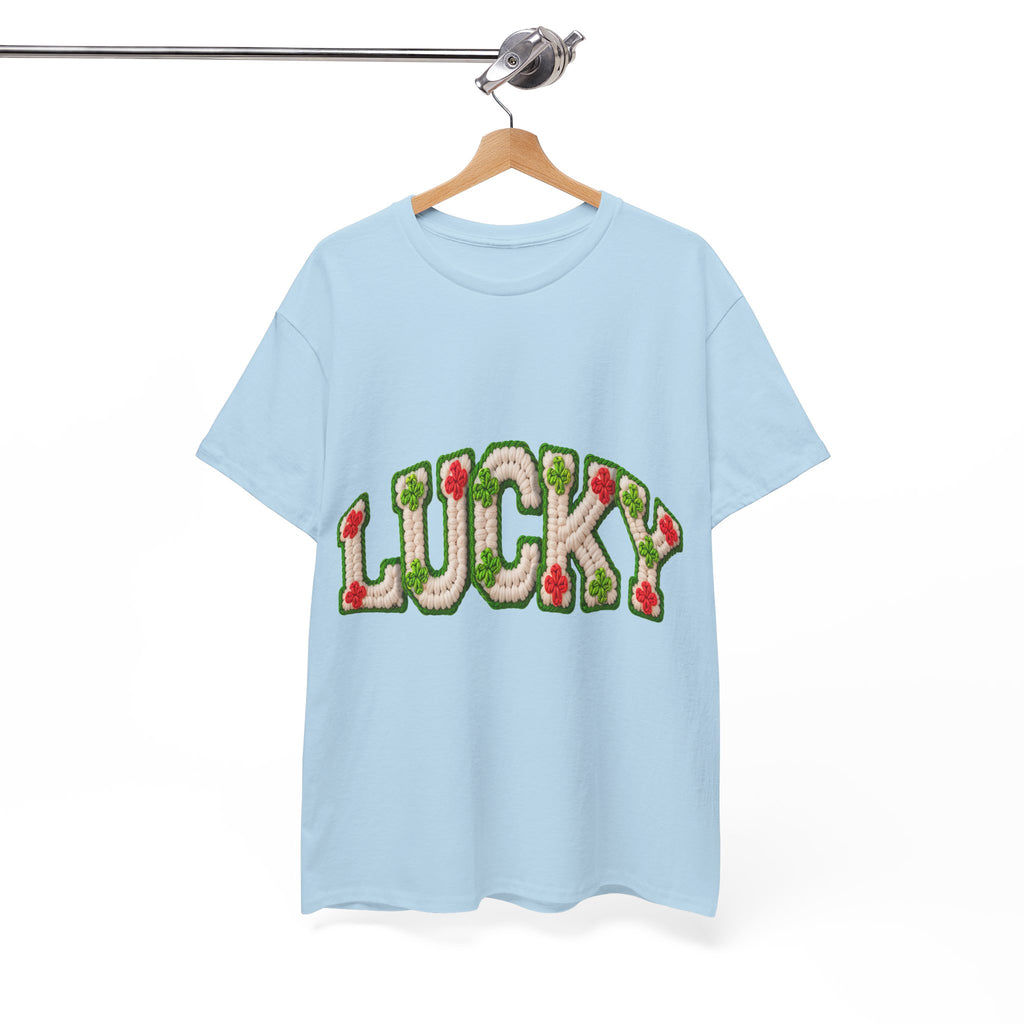 Lucky Crochet Clover T-Shirt — Faux-Yarn Embroidered St. Patrick’s Unisex Cotton Tee