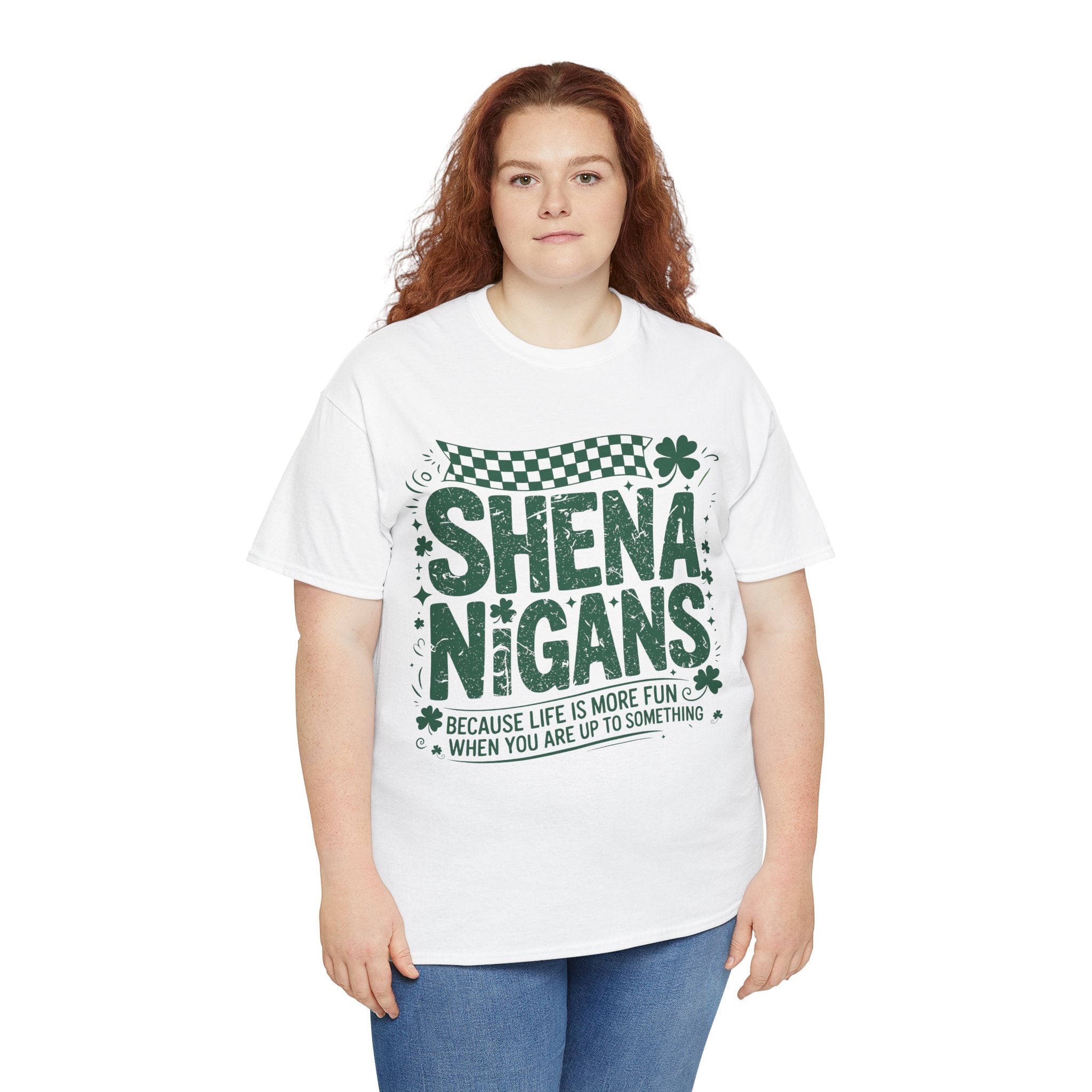 Shenanigans Clover Tee — Bright Green St. Patrick’s Day Shirt with Checkered Flag Unisex Cotton Tee