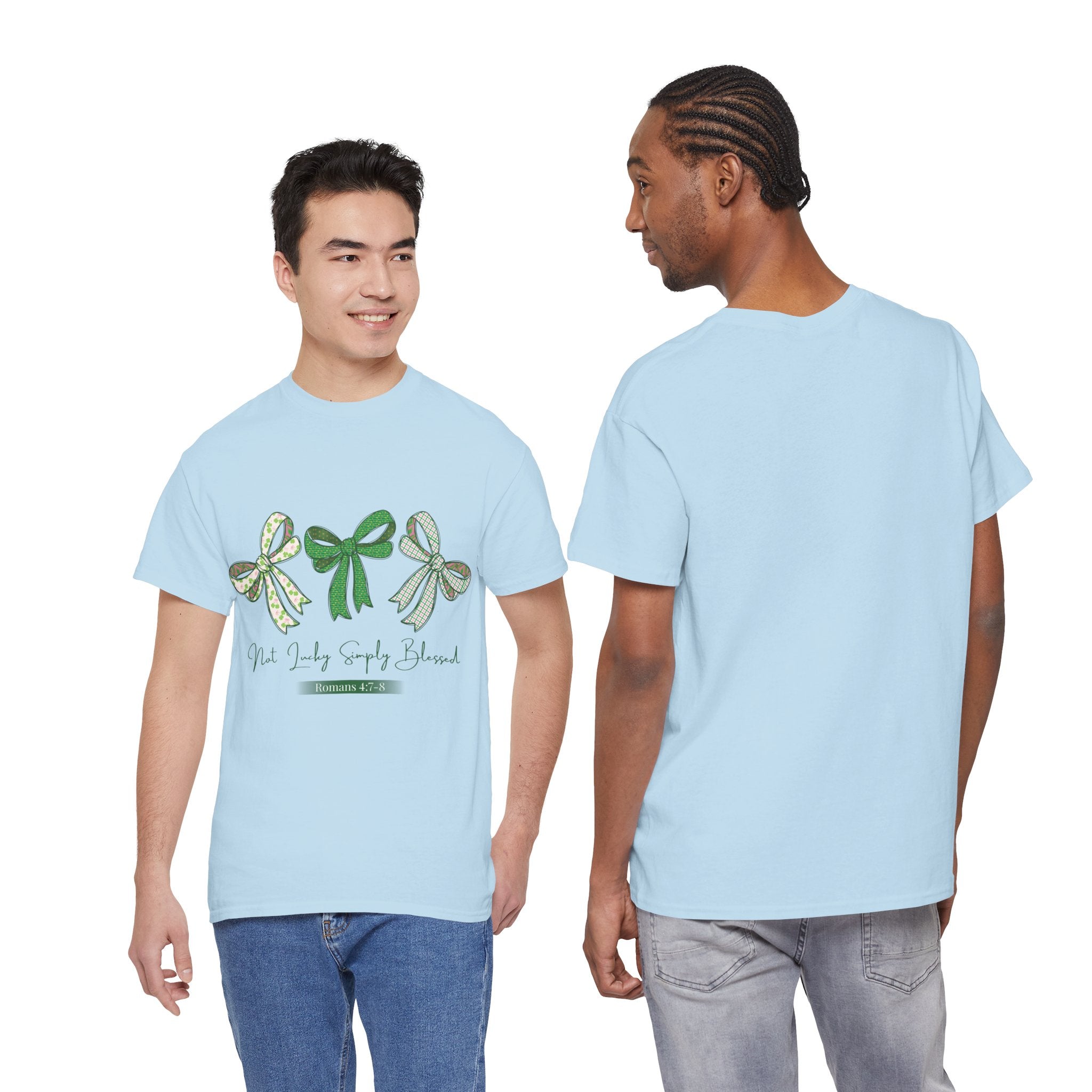 Not Lucky Simply Blessed Tee — Romans 4:7-8 Green Bow Christian Unisex Cotton T-Shirt