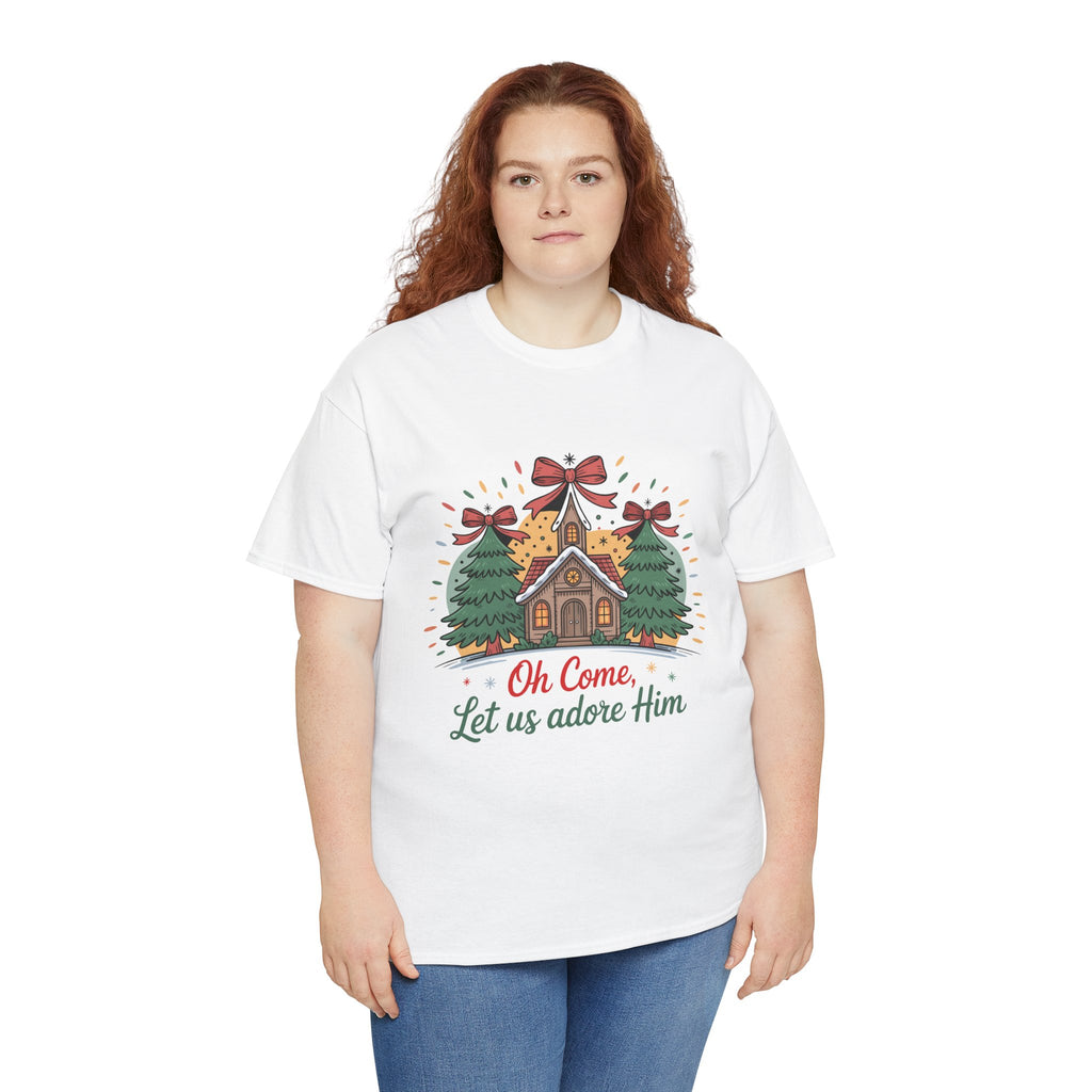 Oh Come Let Us Adore Him Christmas Tee — Church & Trees Holiday Unisex Cotton Tshirt