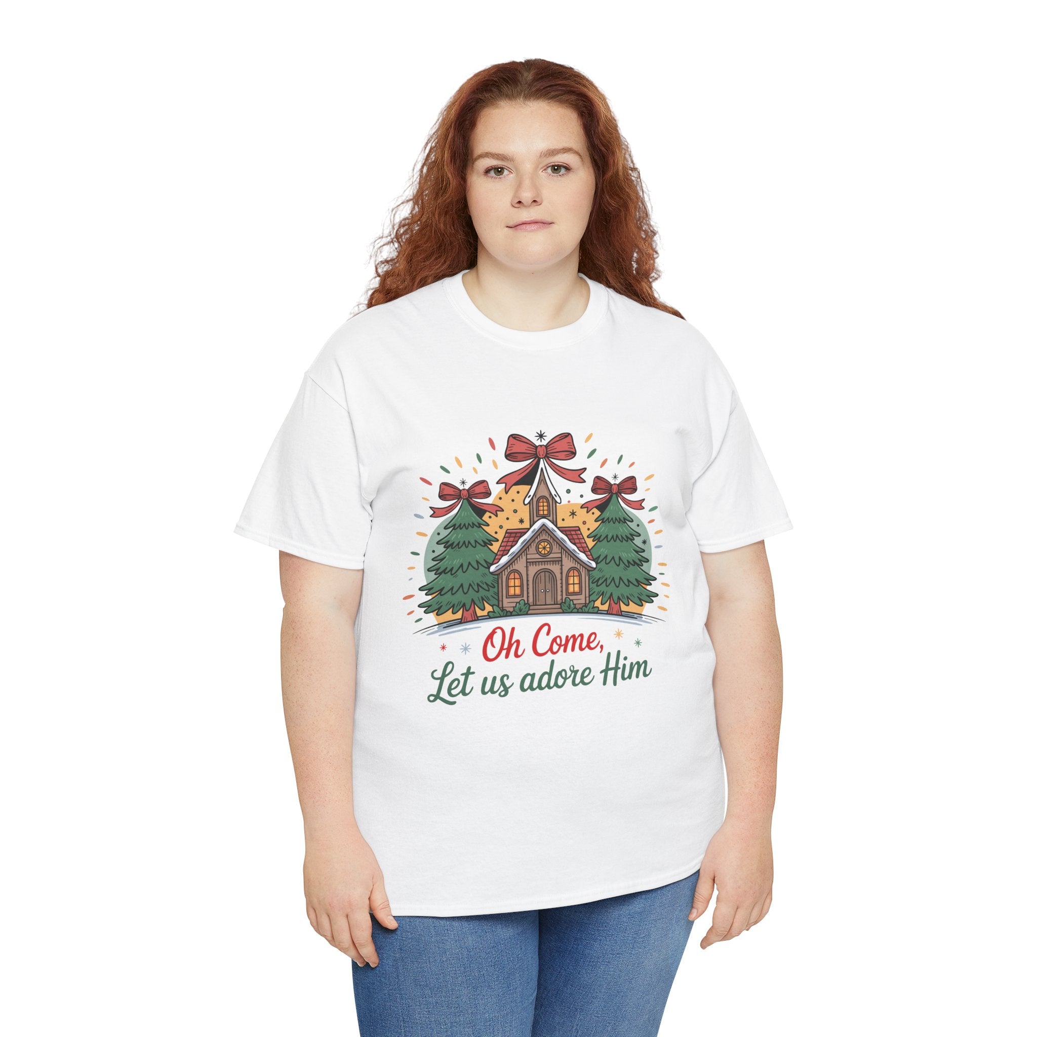 Oh Come Let Us Adore Him Christmas Tee — Church & Trees Holiday Unisex Cotton Tshirt