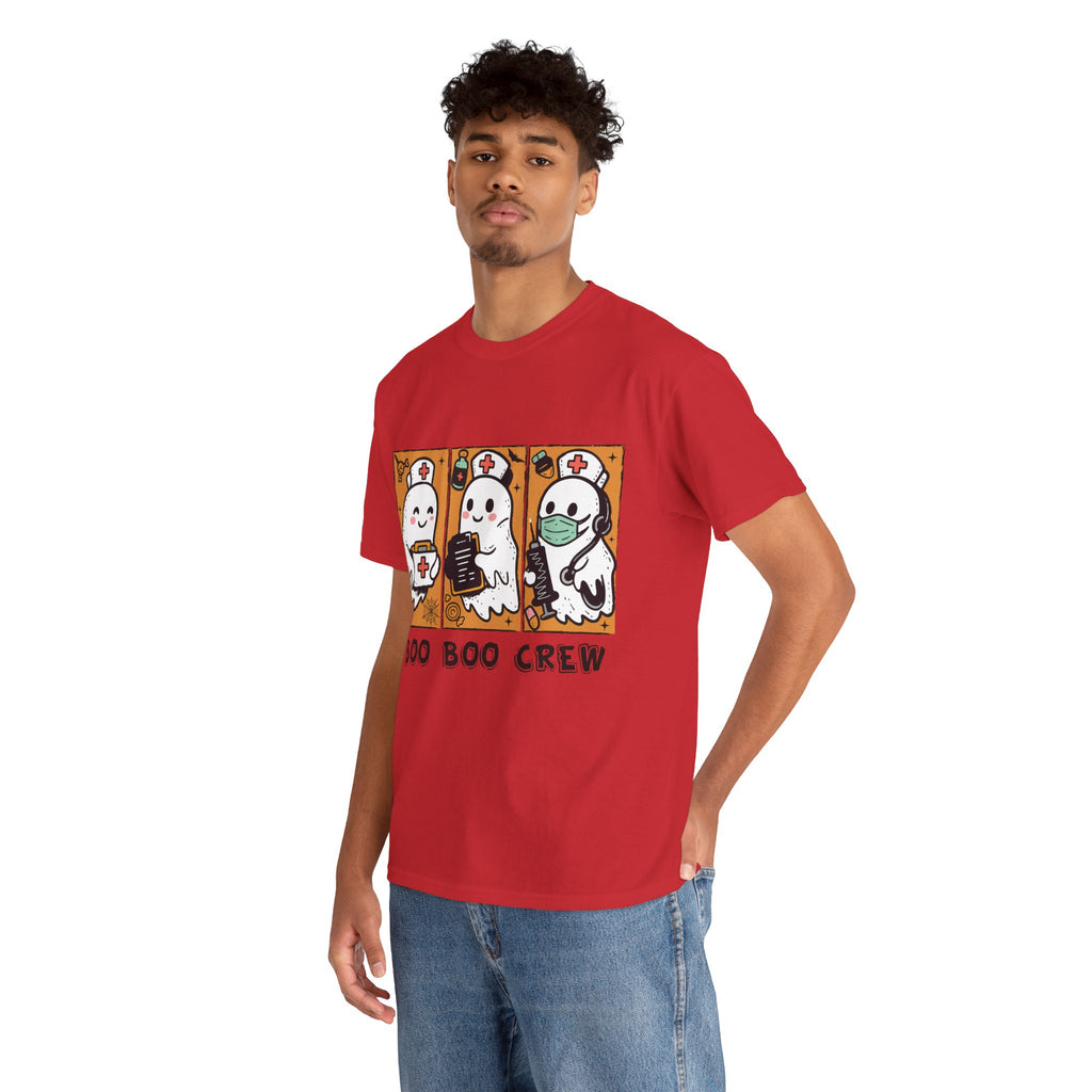 Halloween Nurse T-Shirt — Ghost Nurses Holding Medical Tools on Orange Unisec Cotton Tee