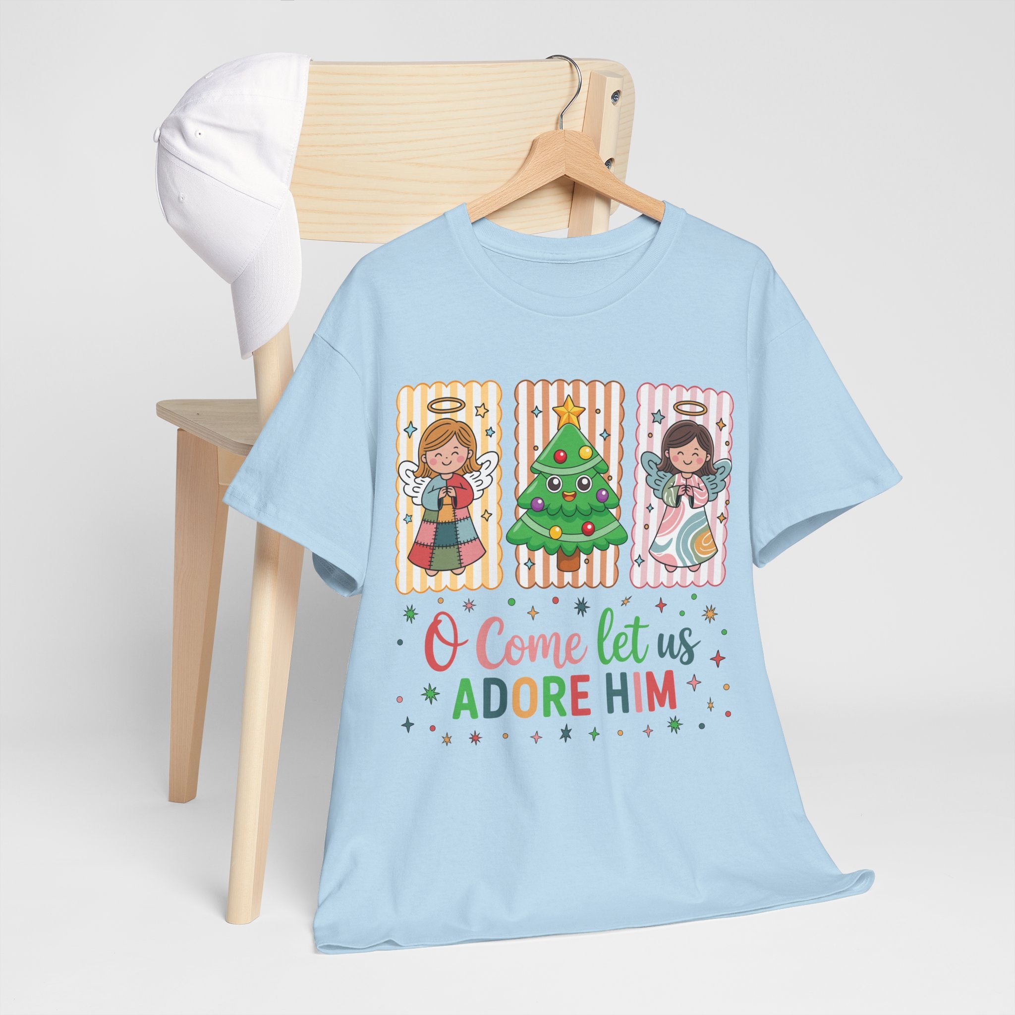 O Come Let Us Adore Him Christmas Tee — Smiling Angels & Happy Tree..Unisex Cotton Tee