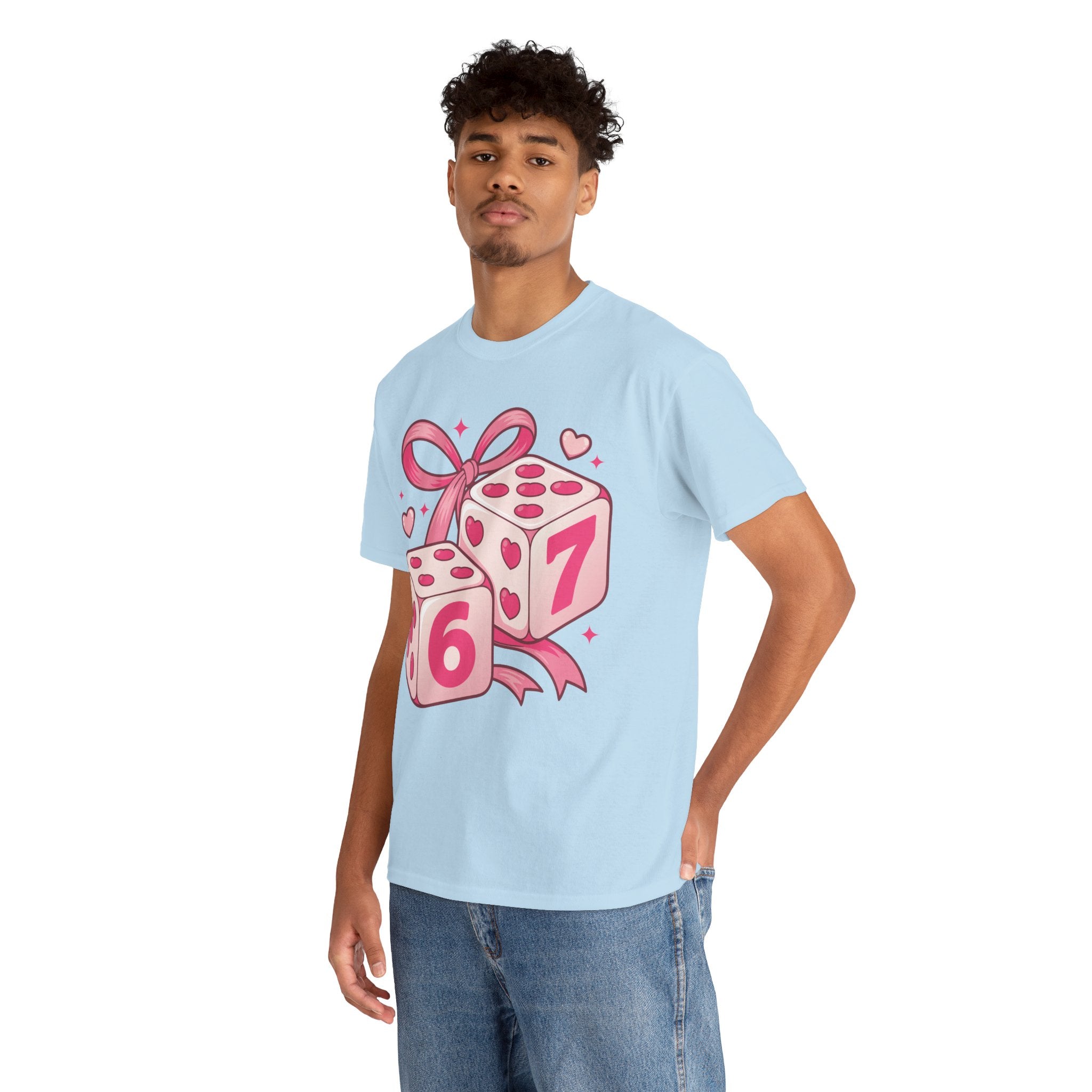 Lucky Love Dice T-Shirt — Pink Heart Dice with Bow..Unisex Cotton Tee