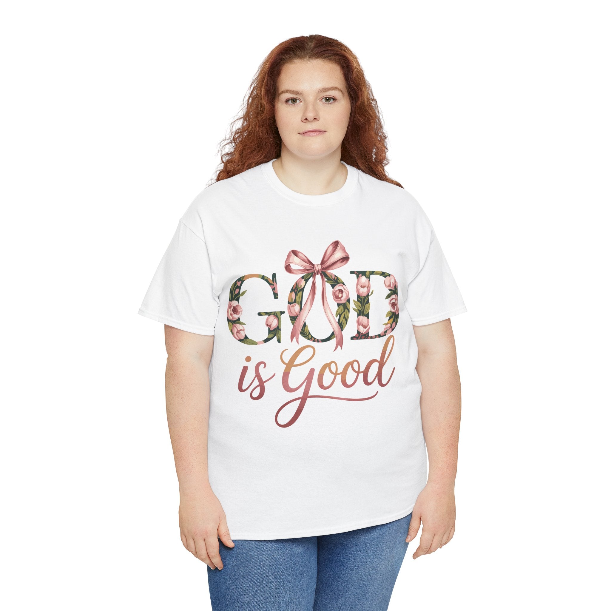 God Is Good Pink Rose Tee — Floral Ribbon Faith Unisex Cotton T-Shirt