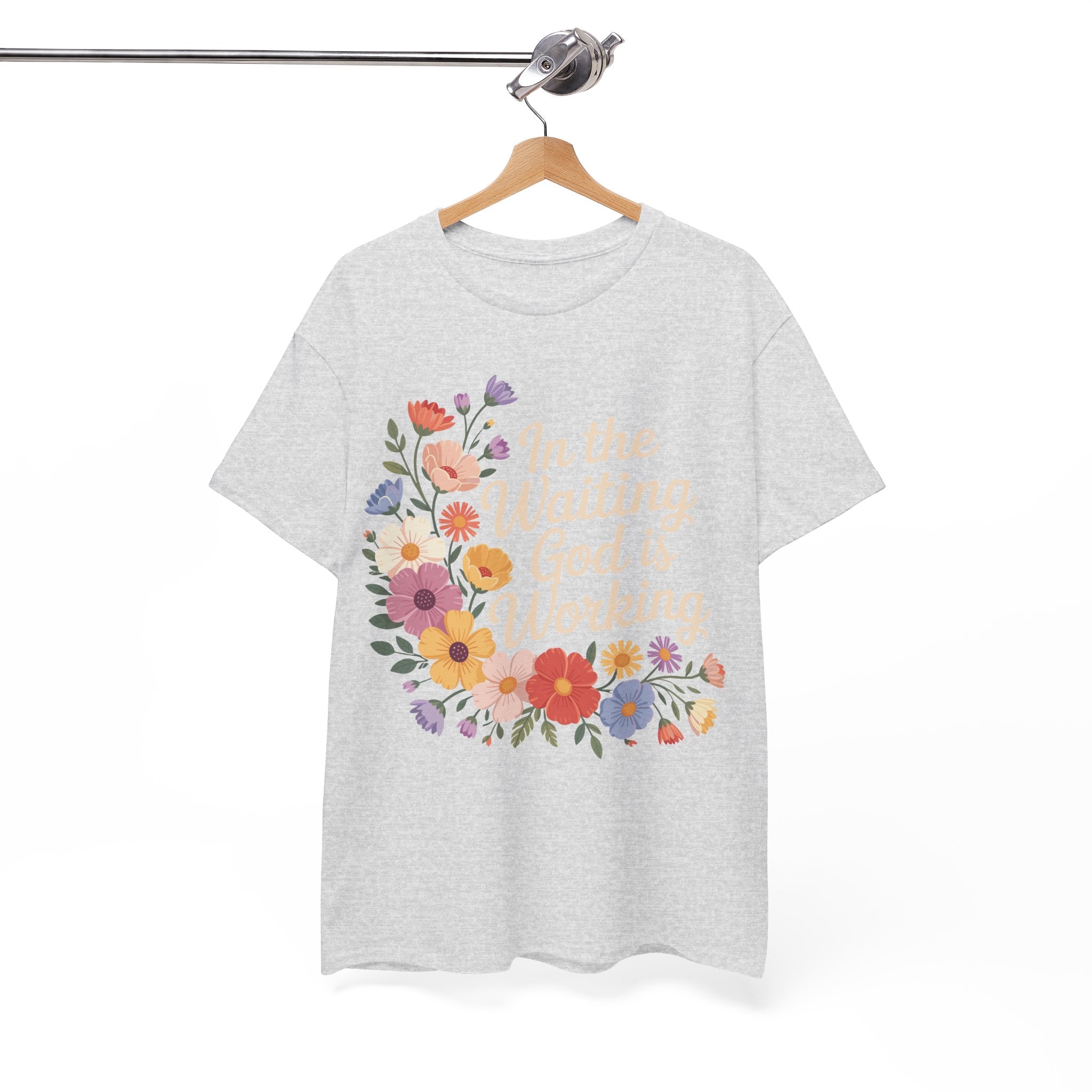 Pastel Floral “In the Waiting God Is Working” Unisex Cotton T-Shirt