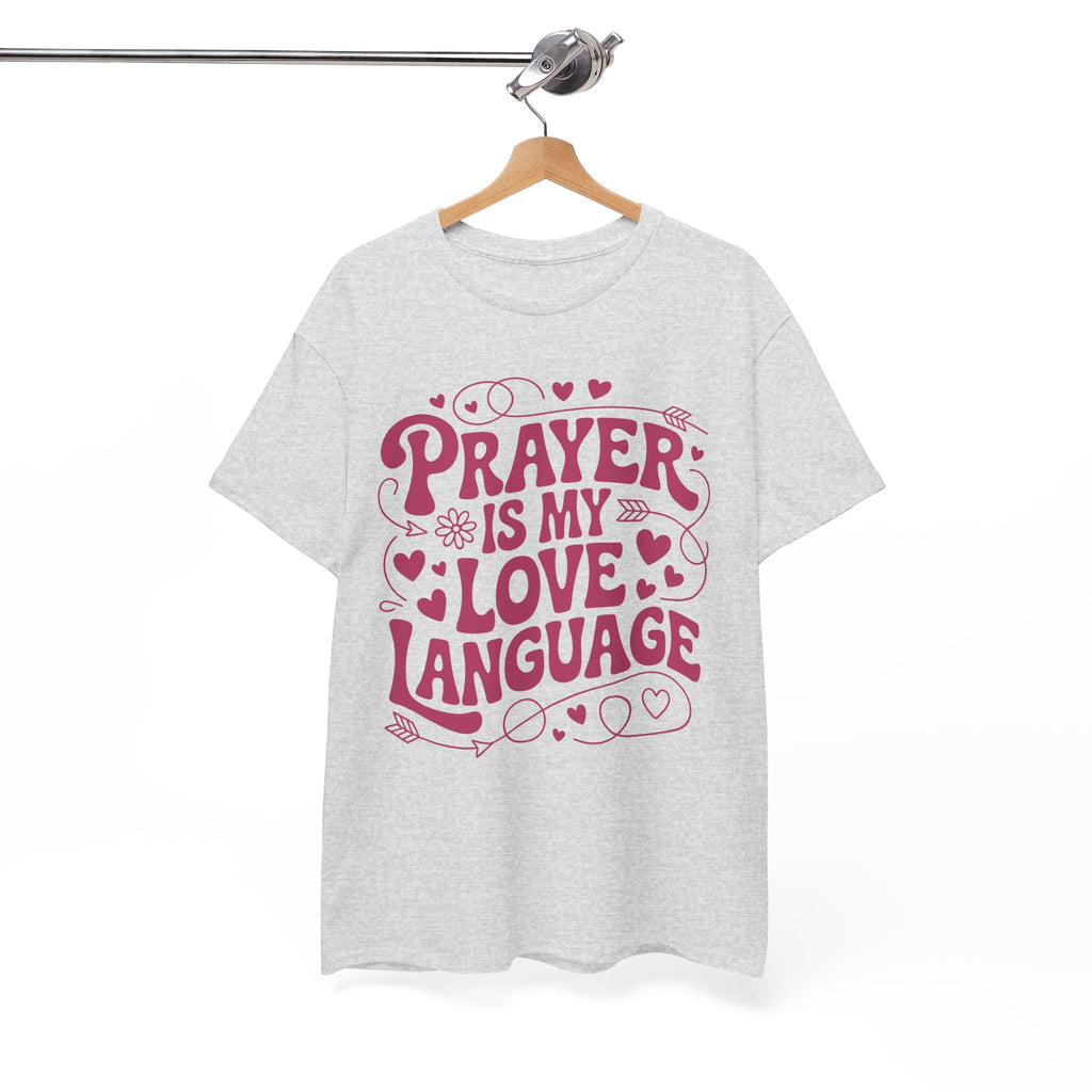 Prayer Is My Love Language Christian Tee — Pastel Pink Hearts Unisex Cotton Tee