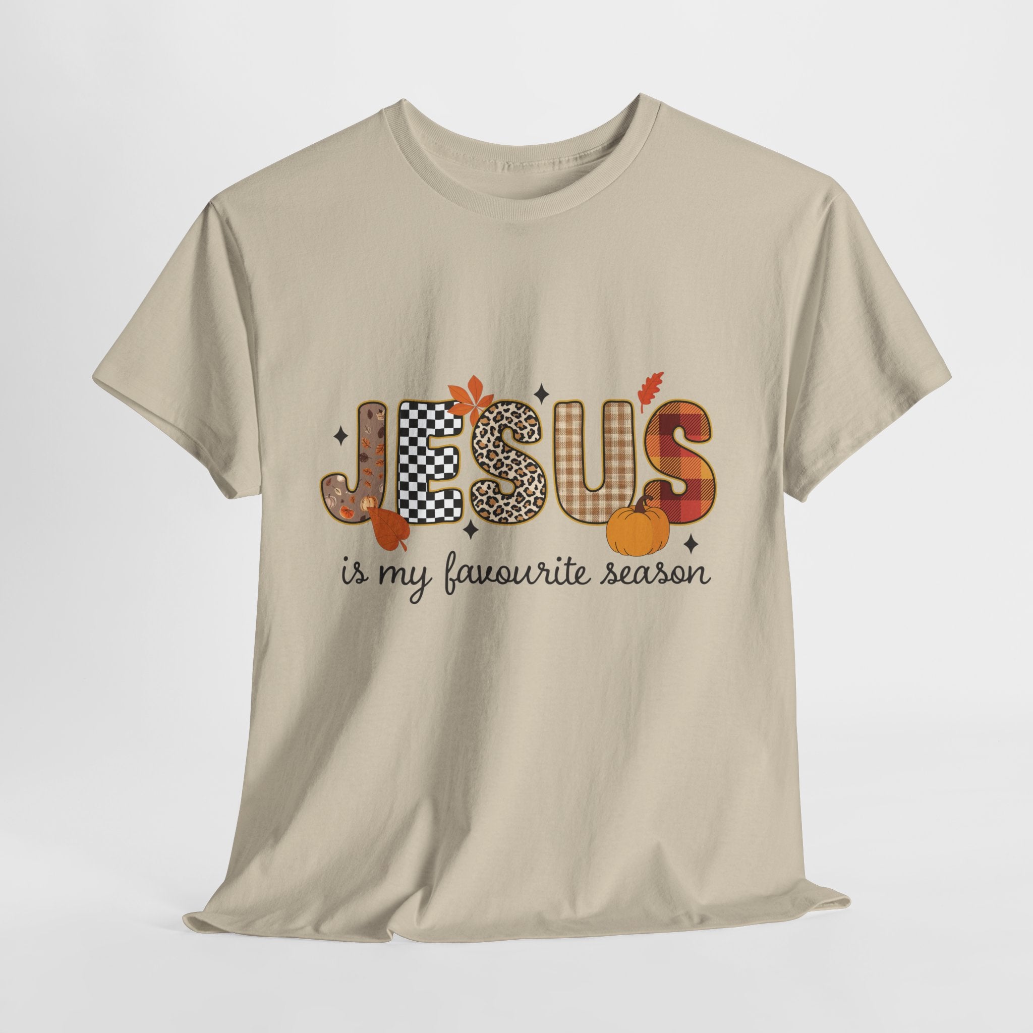 Jesus Is My Favorite Season Tee — Autumn Plaid & Leopard Lettering Unisex Cotton Tee